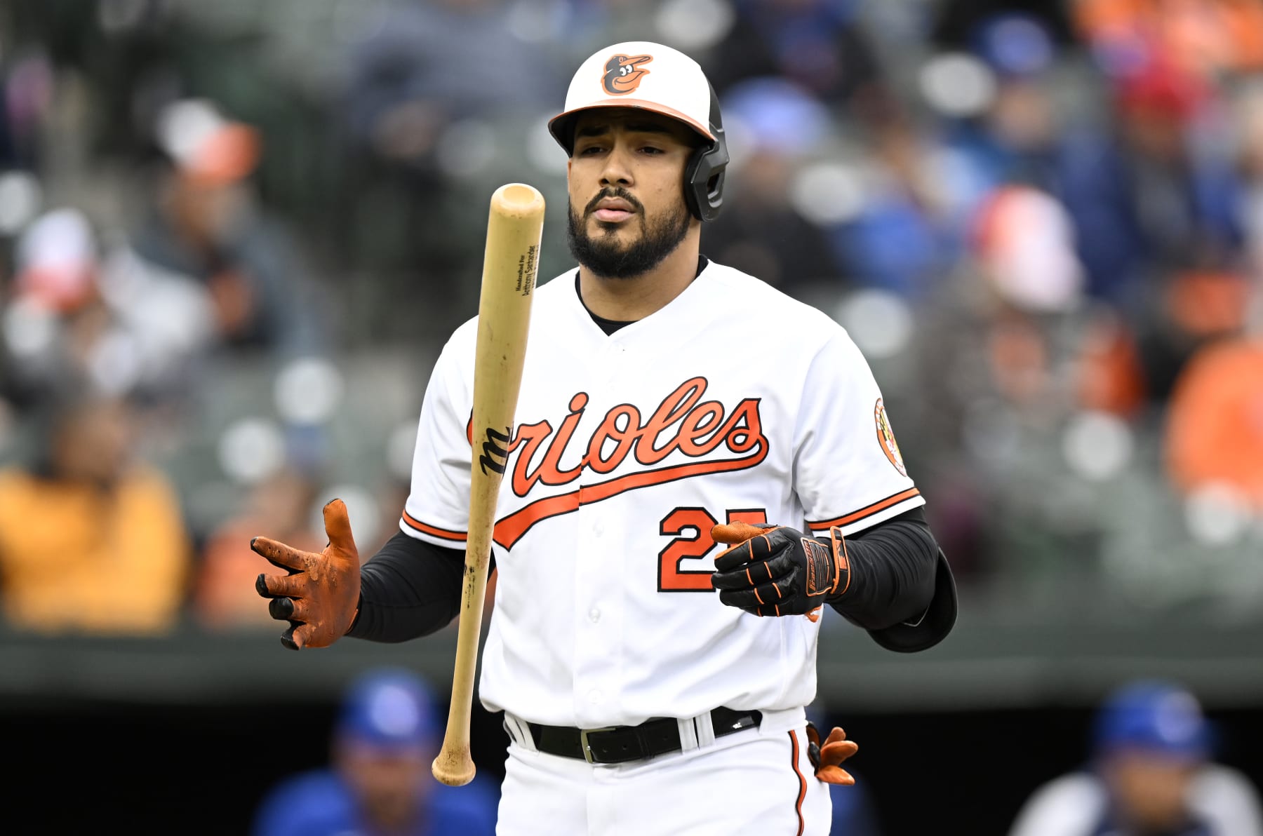 BALTIMORE, MARYLAND - OCTOBER 05: Anthony Santander #25 of the Baltimore Orioles reacts after striking out in the third inning against the Toronto Blue Jays during game two of a doubleheader at Oriole Park at Camden Yards on October 05, 2022 in Baltimore, Maryland. (Photo by Greg Fiume/Getty Images)