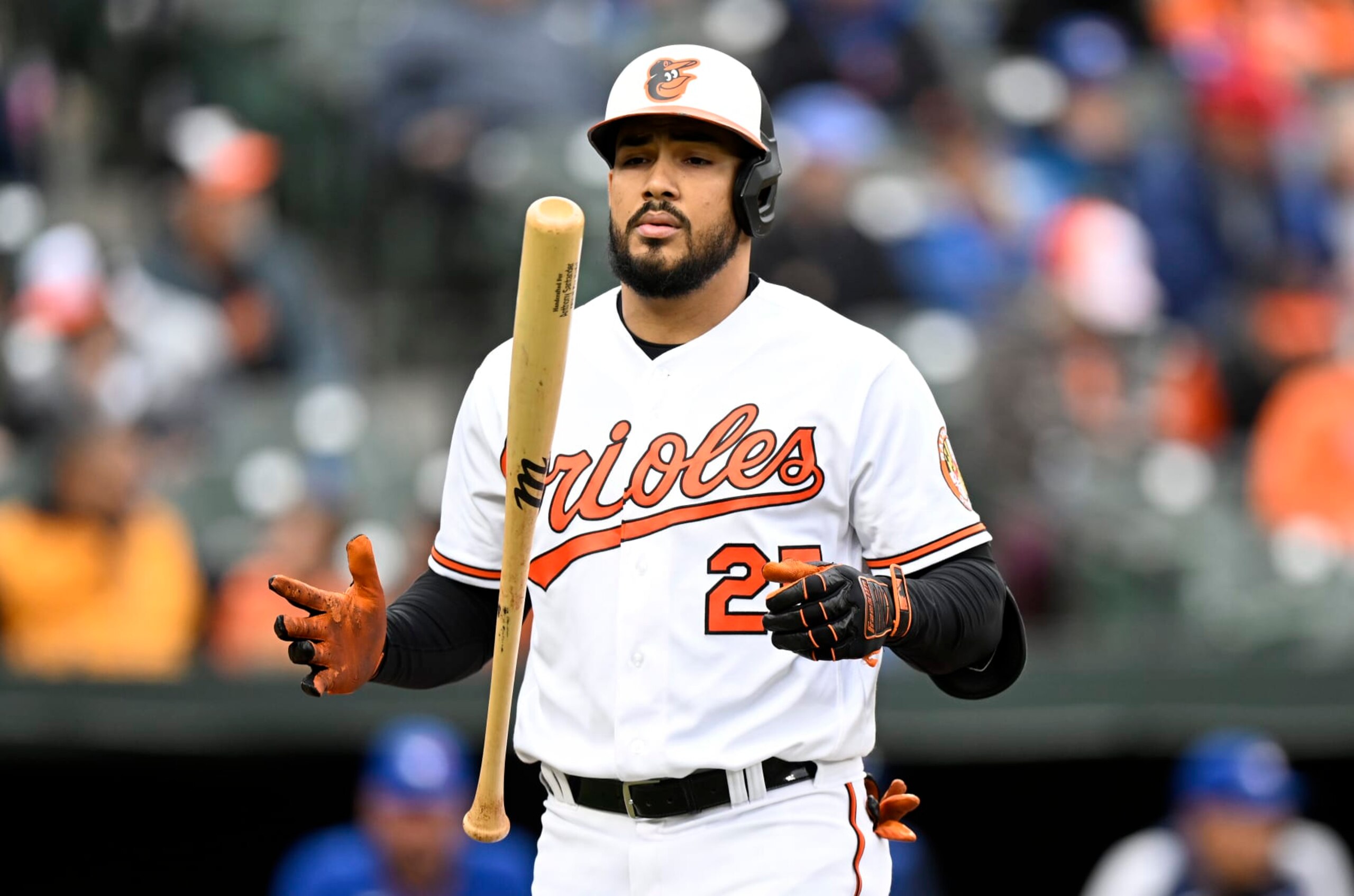 BALTIMORE, MARYLAND - OCTOBER 05: Anthony Santander #25 of the Baltimore Orioles reacts after striking out in the third inning against the Toronto Blue Jays during game two of a doubleheader at Oriole Park at Camden Yards on October 05, 2022 in Baltimore, Maryland. (Photo by Greg Fiume/Getty Images) BALTIMORE, MARYLAND - OCTOBER 05: Anthony Santander #25 of the Baltimore Orioles reacts after striking out in the third inning against the Toronto Blue Jays during game two of a doubleheader at Oriole Park at Camden Yards on October 05, 2022 in Baltimore, Maryland. (Photo by Greg Fiume/Getty Images)