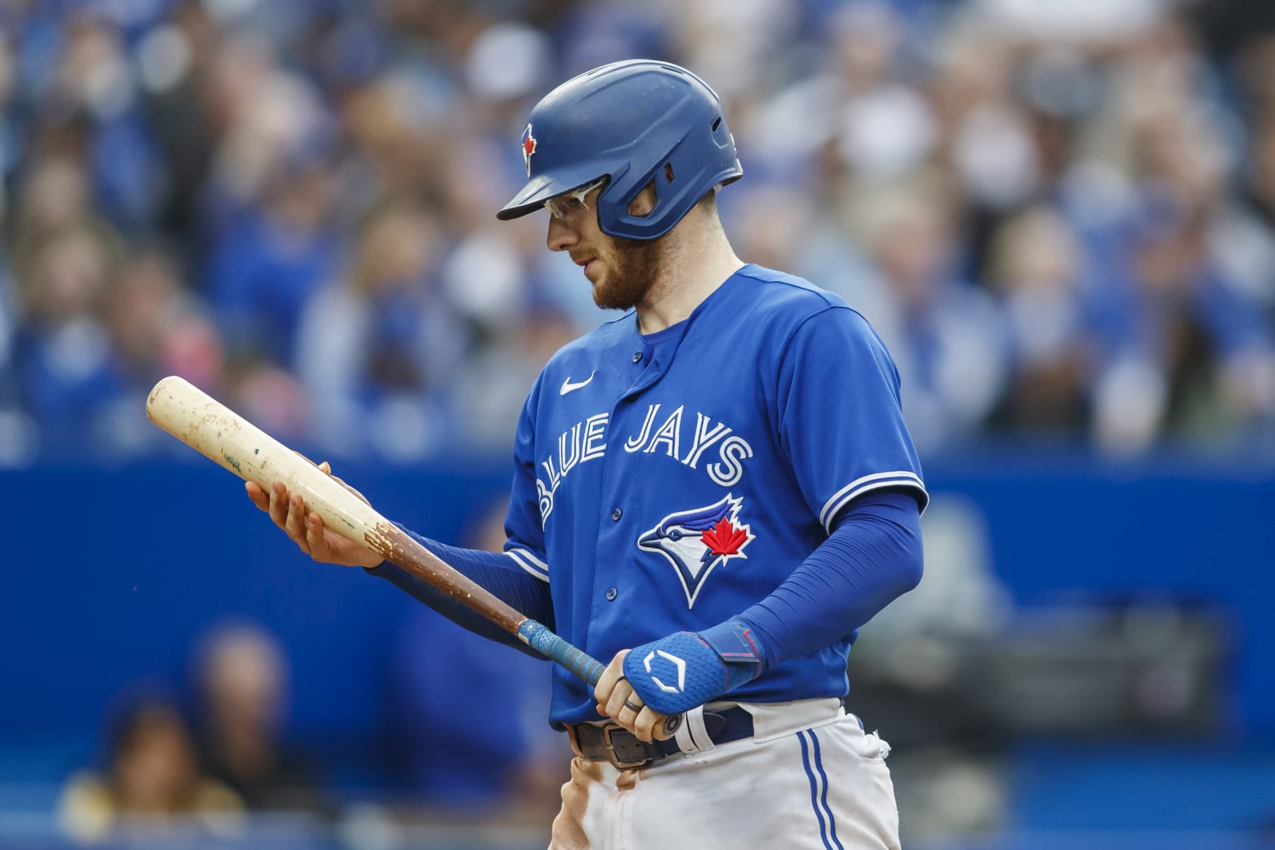 TORONTO, ON - OCTOBER 01: Danny Jansen #9 of the Toronto Blue Jays looks at his bat before batting in the seventh inning of their MLB game against the Boston Red Sox at Rogers Centre on October 1, 2022 in Toronto, Canada. (Photo by Cole Burston/Getty Images)
