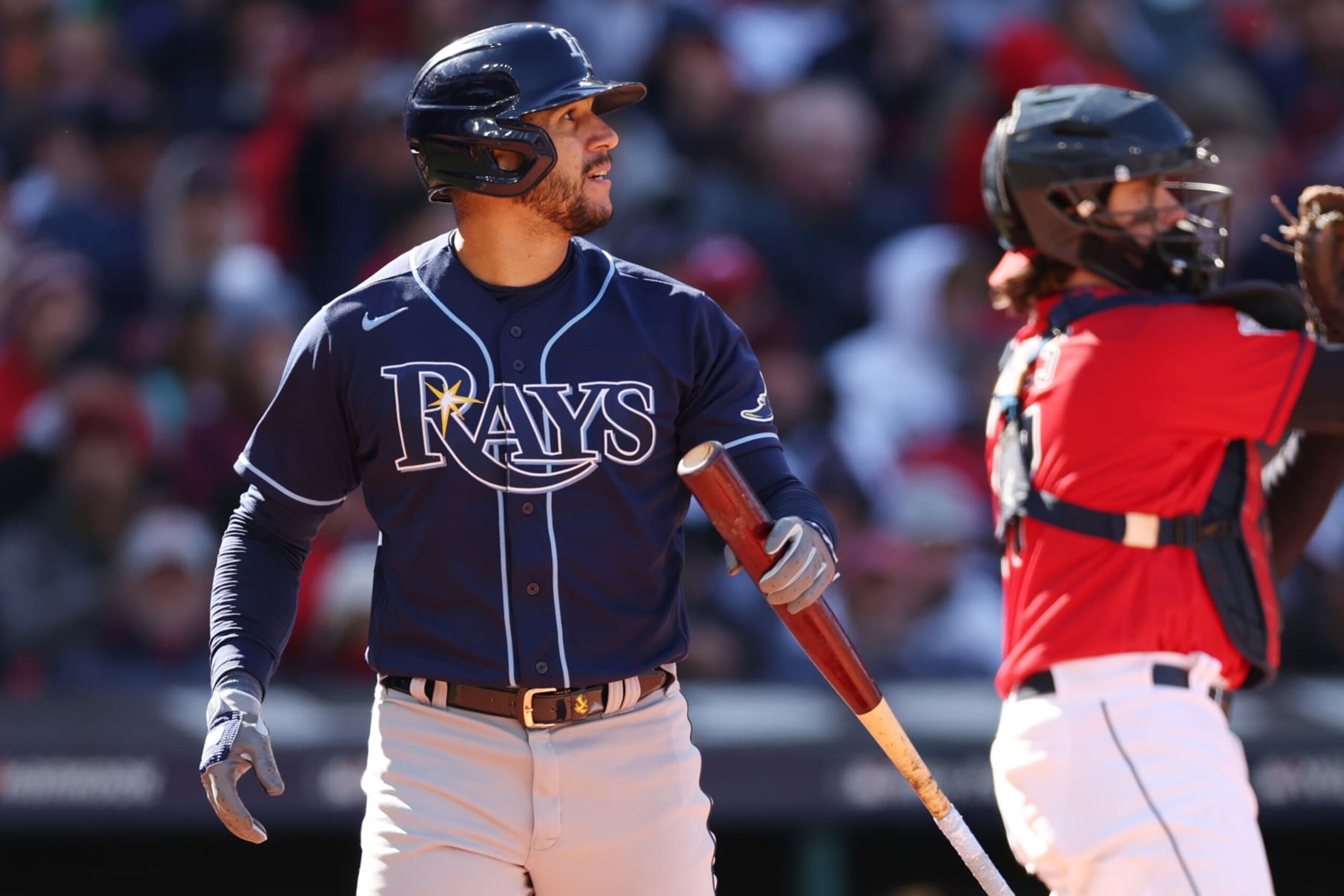 CLEVELAND, OHIO - OCTOBER 08: David Peralta #6 of the Tampa Bay Rays strikes out in the eighth inning against the Cleveland Guardians in game two of the Wild Card Series at Progressive Field on October 08, 2022 in Cleveland, Ohio. (Photo by Matthew Stockman/Getty Images) CLEVELAND, OHIO - OCTOBER 08: David Peralta #6 of the Tampa Bay Rays strikes out in the eighth inning against the Cleveland Guardians in game two of the Wild Card Series at Progressive Field on October 08, 2022 in Cleveland, Ohio. (Photo by Matthew Stockman/Getty Images)