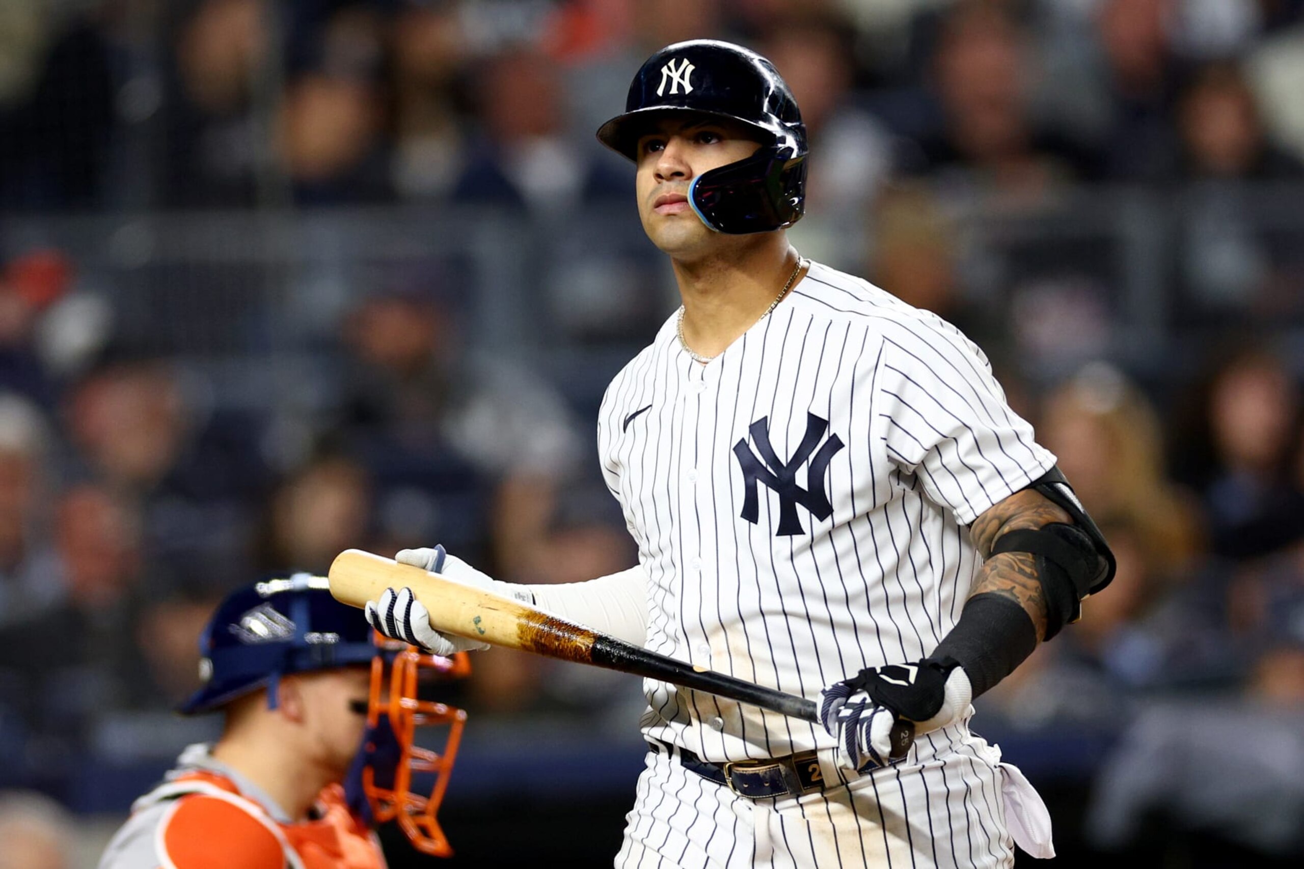 NEW YORK, NEW YORK - OCTOBER 22: Gleyber Torres #25 of the New York Yankees reacts after striking out against the Houston Astros \d7i in game three of the American League Championship Series at Yankee Stadium on October 22, 2022 in New York City. (Photo by Elsa/Getty Images) NEW YORK, NEW YORK - OCTOBER 22: Gleyber Torres #25 of the New York Yankees reacts after striking out against the Houston Astros \d7i in game three of the American League Championship Series at Yankee Stadium on October 22, 2022 in New York City. (Photo by Elsa/Getty Images)