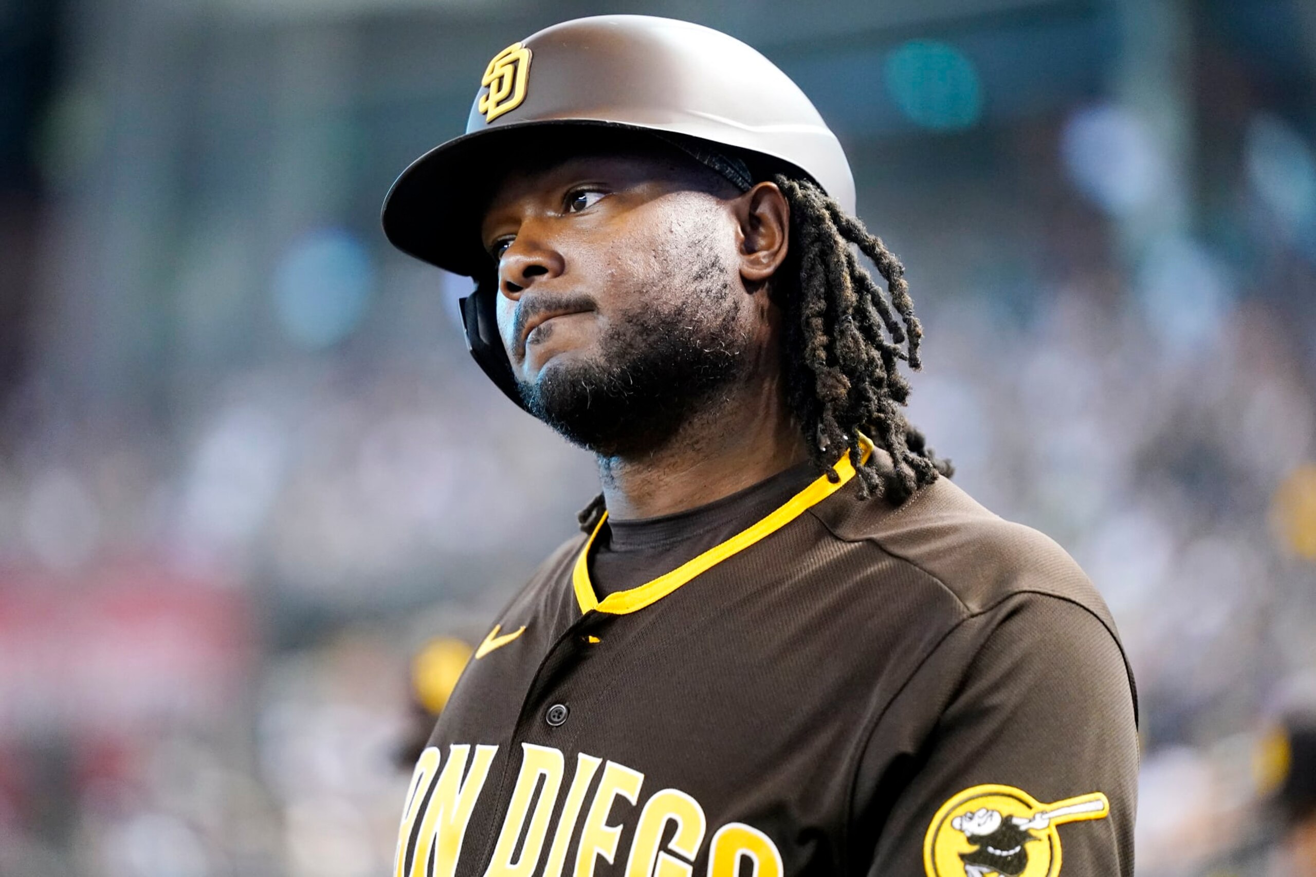 San Diego Padres' Josh Bell pauses at the top of the dugout during the third inning of a baseball game against the Arizona Diamondbacks in Phoenix, Saturday, Sept. 17, 2022. (AP Photo/Ross D. Franklin) San Diego Padres' Josh Bell pauses at the top of the dugout during the third inning of a baseball game against the Arizona Diamondbacks in Phoenix, Saturday, Sept. 17, 2022. (AP Photo/Ross D. Franklin)