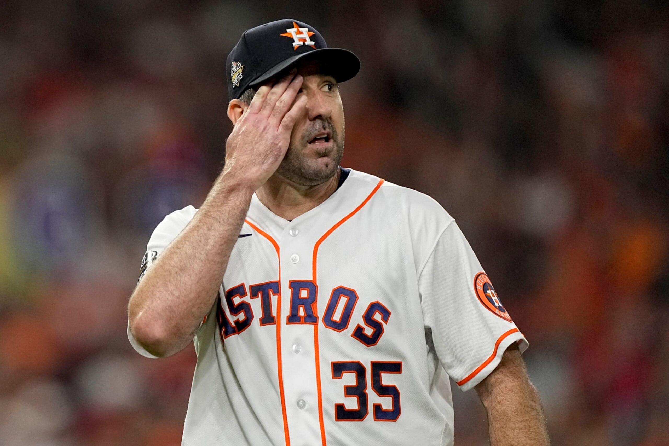 Houston Astros starting pitcher Justin Verlander walks to the dugout after the top of the first inning in Game 1 of baseball's World Series between the Houston Astros and the Philadelphia Phillies on Friday, Oct. 28, 2022, in Houston. (AP Photo/David J. Phillip) Houston Astros starting pitcher Justin Verlander walks to the dugout after the top of the first inning in Game 1 of baseball's World Series between the Houston Astros and the Philadelphia Phillies on Friday, Oct. 28, 2022, in Houston. (AP Photo/David J. Phillip)