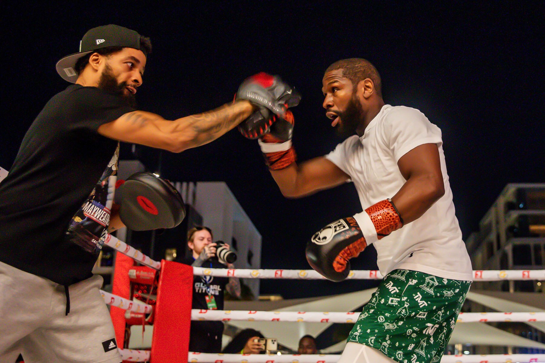 Floyd Mayweather works the mitts ahead of the exhibition bout. 