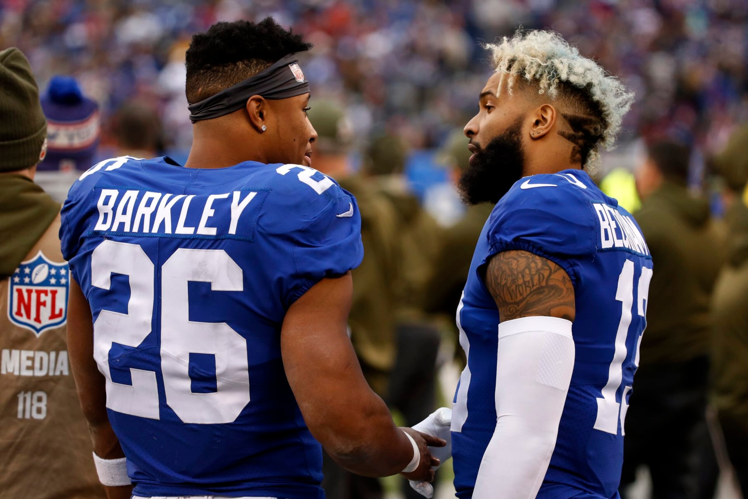 New York Giants running back Saquon Barkley (26) and Giants wide receiver Odell Beckham (13) on the sidelines against the Tampa Bay Buccaneers during an NFL football game Sunday, Nov. 18, 2018, in East Rutherford, N.J. (AP Photo/Adam Hunger) New York Giants running back Saquon Barkley (26) and Giants wide receiver Odell Beckham (13) on the sidelines against the Tampa Bay Buccaneers during an NFL football game Sunday, Nov. 18, 2018, in East Rutherford, N.J. (AP Photo/Adam Hunger)