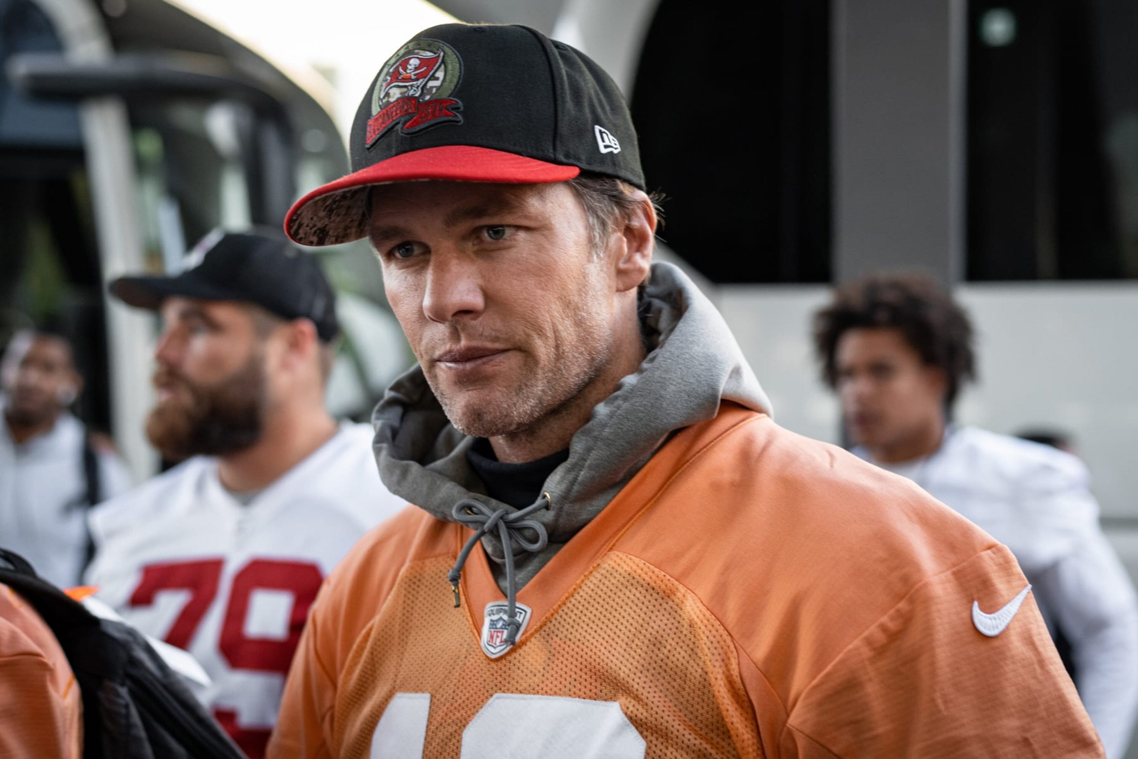 MUNICH, GERMANY - NOVEMBER 11: Tom Brady #12 of the Tampa Bay Buccaneers looks on during training session at FC Bayern Campus on November 11, 2022 in Munich, Germany. (Photo by S. Mellar/FC Bayern via Getty Images) MUNICH, GERMANY - NOVEMBER 11: Tom Brady #12 of the Tampa Bay Buccaneers looks on during training session at FC Bayern Campus on November 11, 2022 in Munich, Germany. (Photo by S. Mellar/FC Bayern via Getty Images)