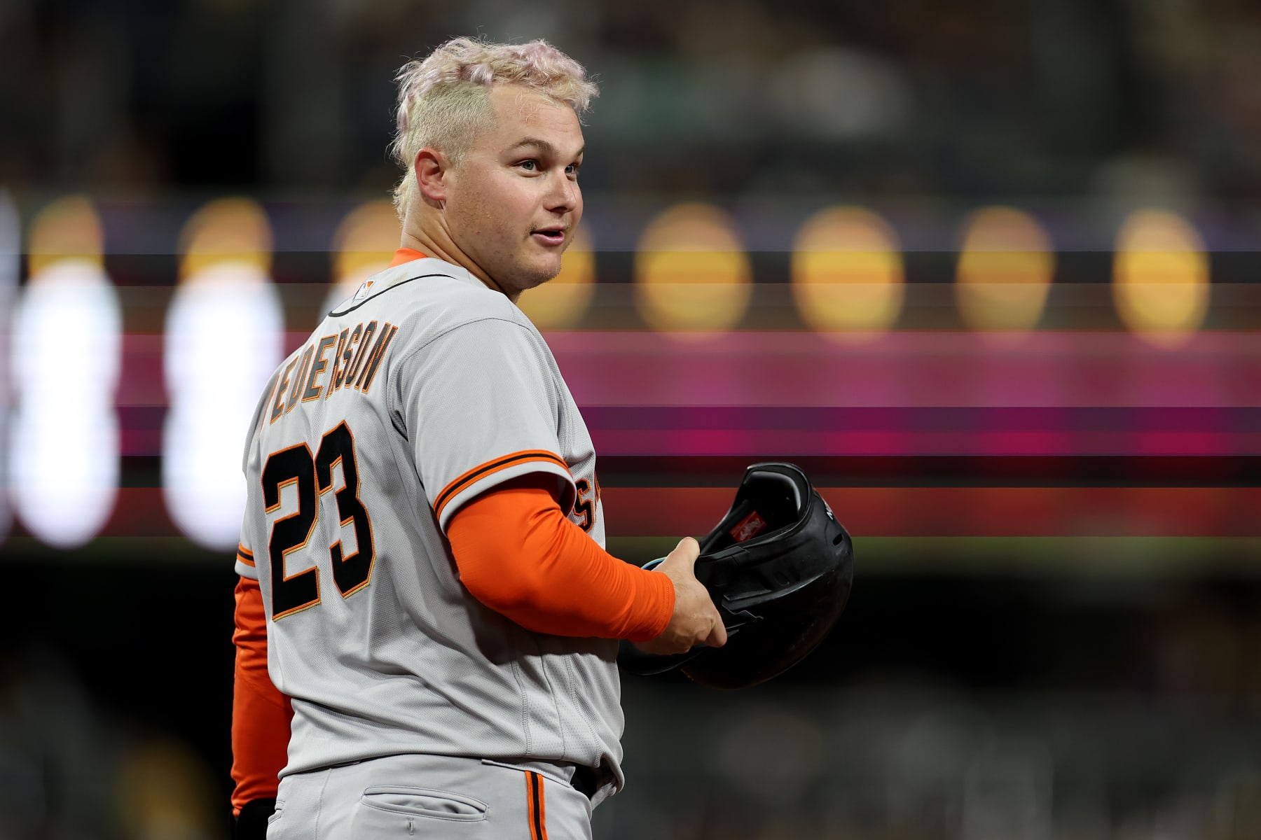SAN DIEGO, CALIFORNIA - OCTOBER 03: Joc Pederson #23 of the San Francisco Giants looks on during the fourth inning of a game against the San Diego Padres at PETCO Park on October 03, 2022 in San Diego, California. (Photo by Sean M. Haffey/Getty Images)