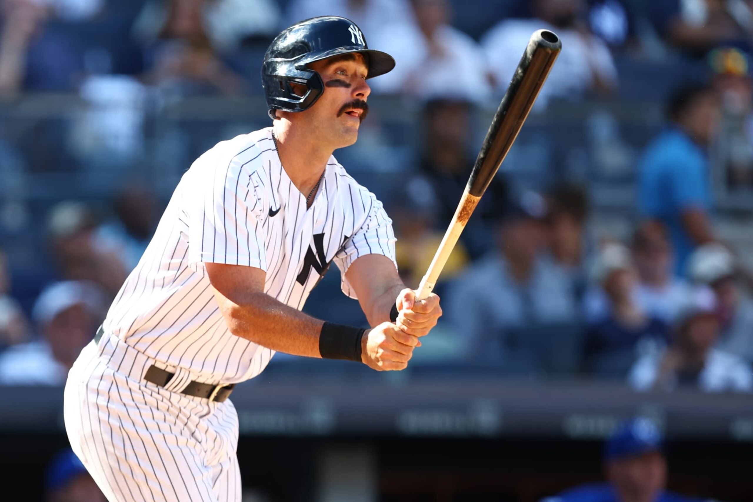 NEW YORK, NY - JULY 30: Matt Carpenter #24 of the New York Yankees watches his home run against the Kansas City Royals during the seventh inning of a game at Yankee Stadium on July 30, 2022 in New York City. (Photo by Rich Schultz/Getty Images) NEW YORK, NY - JULY 30: Matt Carpenter #24 of the New York Yankees watches his home run against the Kansas City Royals during the seventh inning of a game at Yankee Stadium on July 30, 2022 in New York City. (Photo by Rich Schultz/Getty Images)