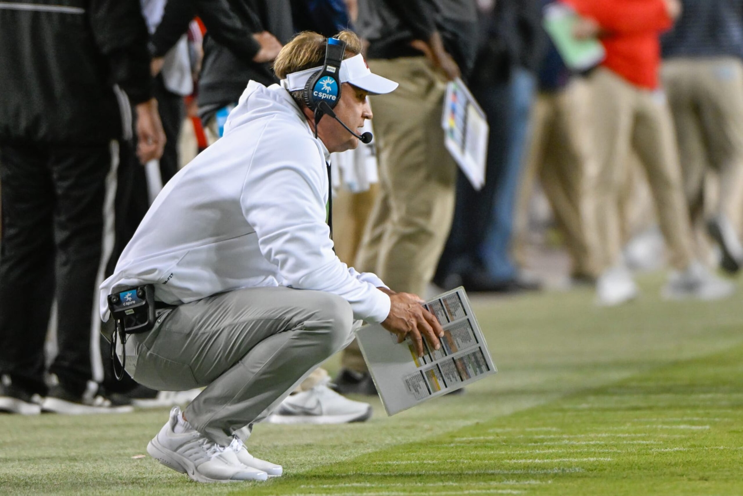 COLLEGE STATION, TX - OCTOBER 29: Mississippi Rebels head coach Lane Kiffin looks on from the sideline during the football game between the Ole Miss Rebels and Texas A&M Aggies at Kyle Field on October 29, 2022 in College Station, Texas. (Photo by Ken Murray/Icon Sportswire via Getty Images)