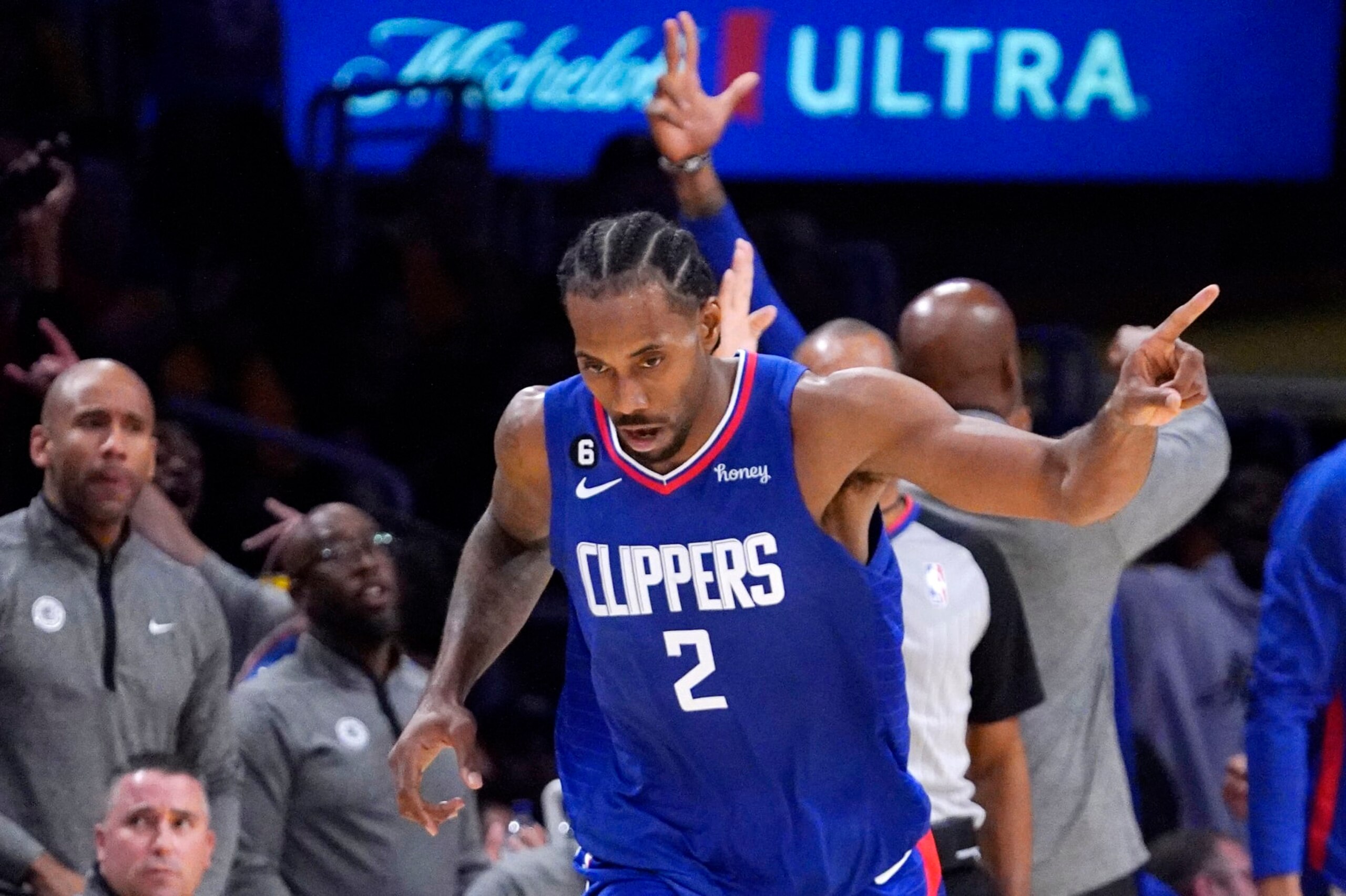 Los Angeles Clippers forward Kawhi Leonard gestures after scoring during the second half of an NBA basketball game against the Los Angeles Lakers Thursday, Oct. 20, 2022, in Los Angeles. (AP Photo/Mark J. Terrill) Los Angeles Clippers forward Kawhi Leonard gestures after scoring during the second half of an NBA basketball game against the Los Angeles Lakers Thursday, Oct. 20, 2022, in Los Angeles. (AP Photo/Mark J. Terrill)