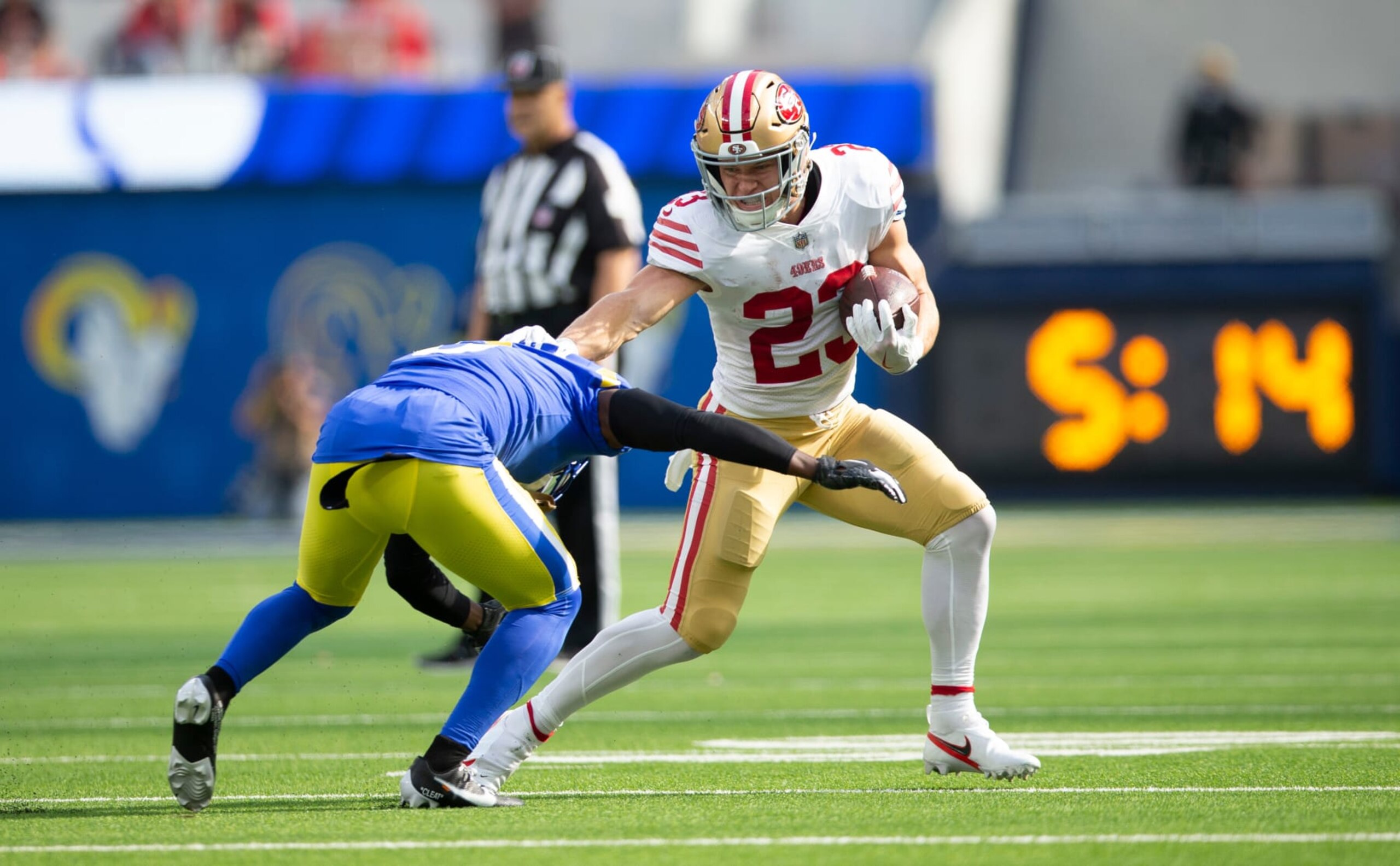 INGLEWOOD, CA - OCTOBER 30: Christian McCaffrey #23 of the San Francisco 49ers rushes during the game against the Los Angeles Rams at SoFi Stadium on October 30, 2022 in Inglewood, California. The 49ers defeated the Rams 31-14. (Photo by Michael Zagaris/San Francisco 49ers/Getty Images)