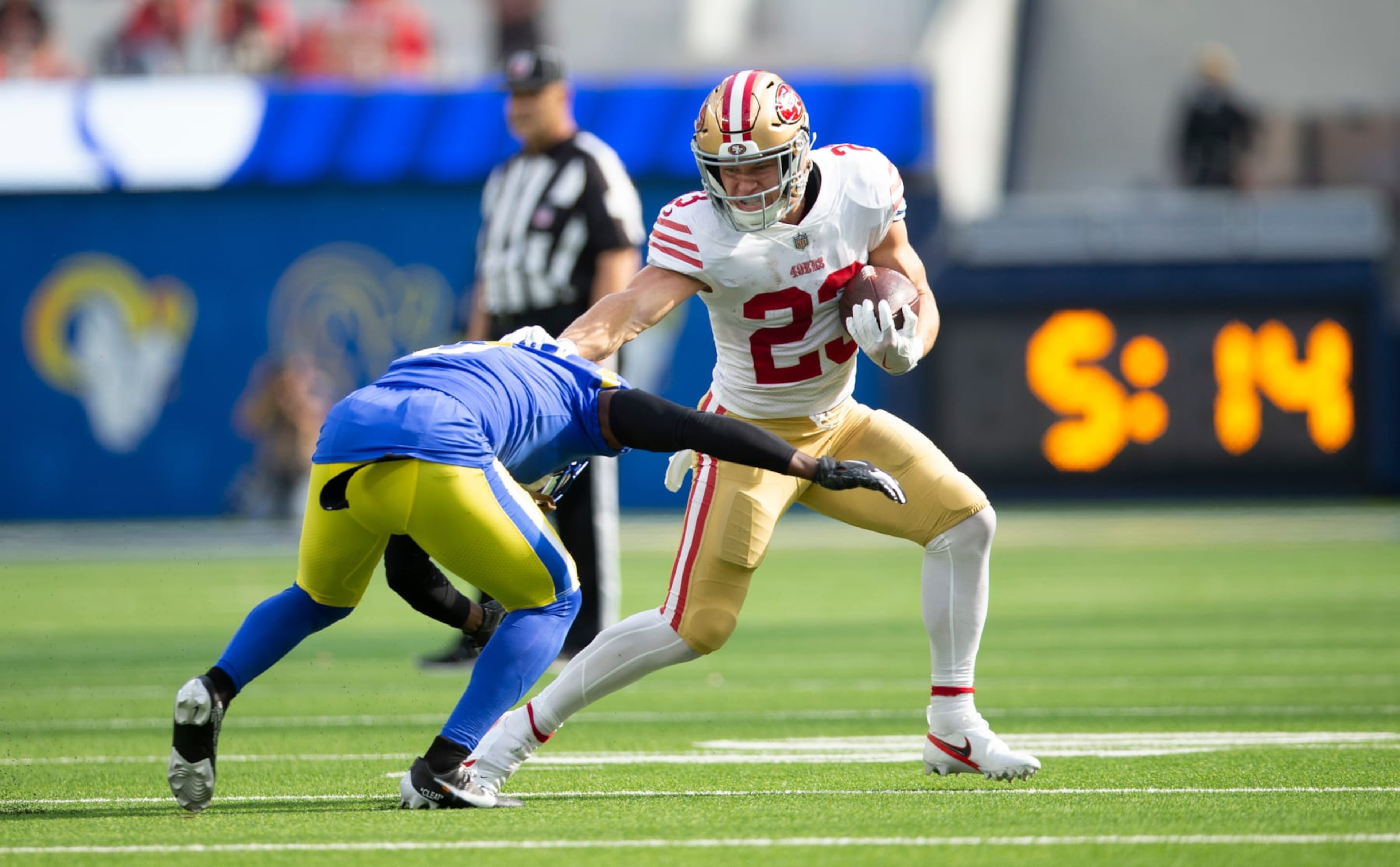 INGLEWOOD, CA - OCTOBER 30: Christian McCaffrey #23 of the San Francisco 49ers rushes during the game against the Los Angeles Rams at SoFi Stadium on October 30, 2022 in Inglewood, California. The 49ers defeated the Rams 31-14. (Photo by Michael Zagaris/San Francisco 49ers/Getty Images)