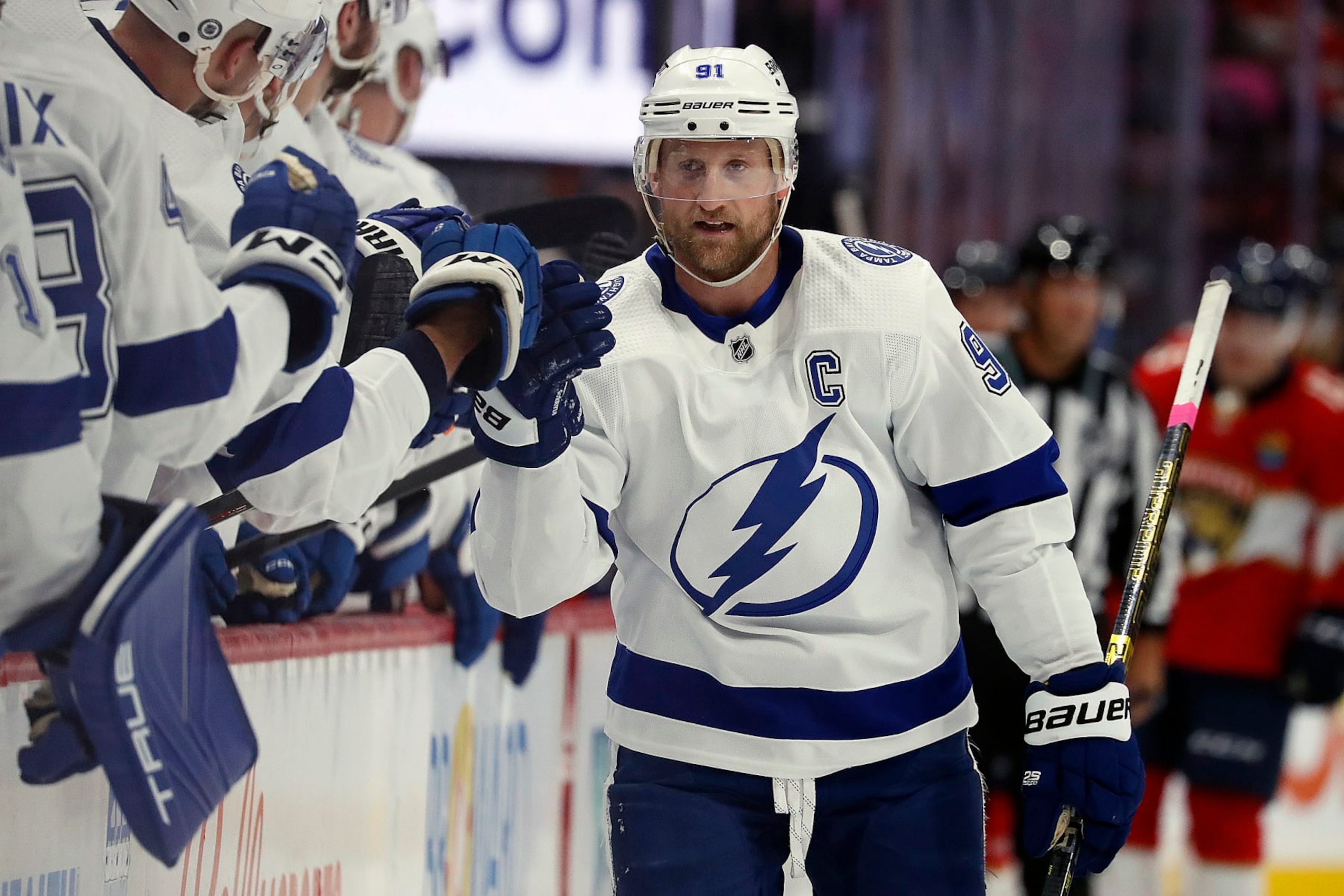 SUNRISE, FLORIDA - OCTOBER 21: Steven Stamkos #91 of the Tampa Bay Lightning celebrates his goal with teammates during the first period against the Florida Panthers at the FLA Live Arena on October 21, 2022 in Sunrise, Florida. (Photo by Eliot J. Schechter/NHLI via Getty Images)