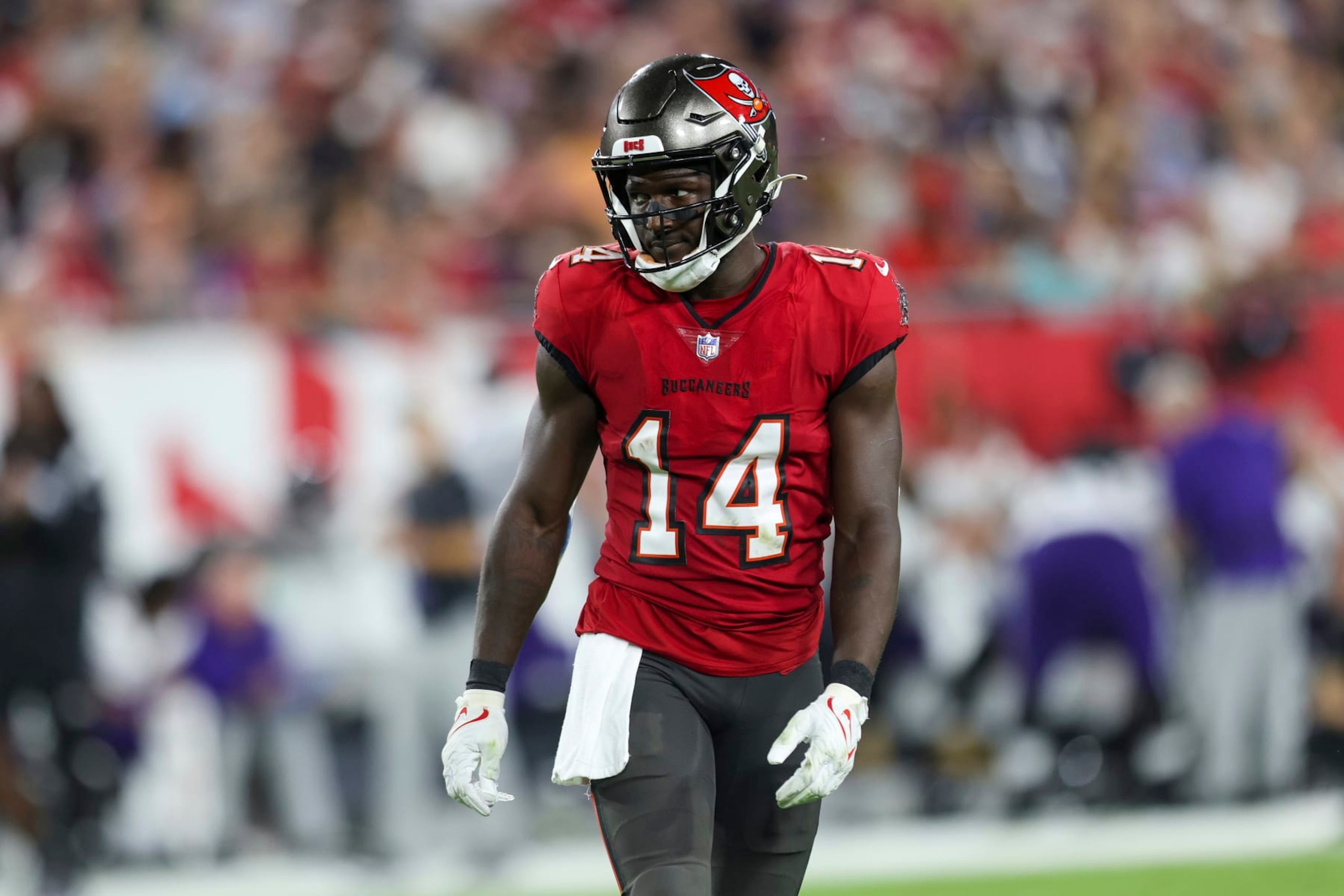 Tampa Bay Buccaneers wide receiver Chris Godwin (14) watches the defense during a NFL football game against the Baltimore Ravens,Thursday, Oct. 27, 2022 in Tampa, Fla. (AP Photo/Alex Menendez) Tampa Bay Buccaneers wide receiver Chris Godwin (14) watches the defense during a NFL football game against the Baltimore Ravens,Thursday, Oct. 27, 2022 in Tampa, Fla. (AP Photo/Alex Menendez)
