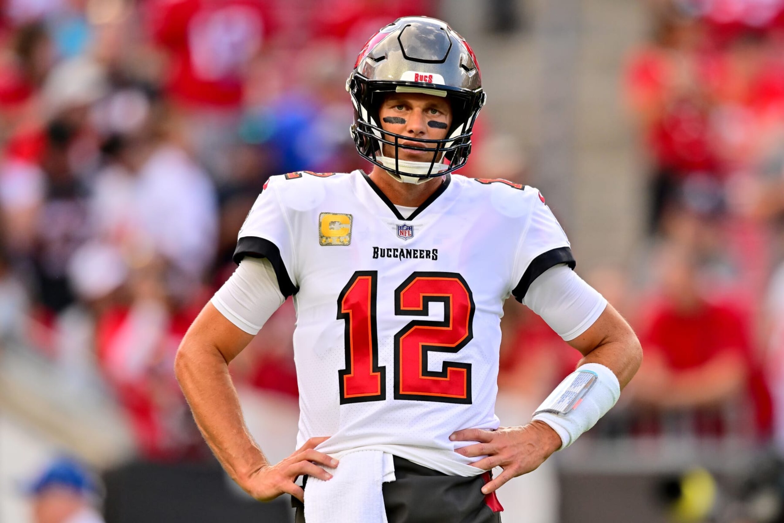 TAMPA, FLORIDA - NOVEMBER 06: Tom Brady #12 of the Tampa Bay Buccaneers warms up before a game against the Los Angeles Rams at Raymond James Stadium on November 06, 2022 in Tampa, Florida. (Photo by Julio Aguilar/Getty Images) TAMPA, FLORIDA - NOVEMBER 06: Tom Brady #12 of the Tampa Bay Buccaneers warms up before a game against the Los Angeles Rams at Raymond James Stadium on November 06, 2022 in Tampa, Florida. (Photo by Julio Aguilar/Getty Images)