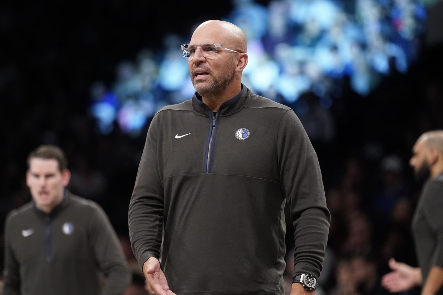 Dallas Mavericks head coach Jason Kidd reacts to a referee's call during the first half of an NBA basketball game against the Brooklyn Nets, Thursday, Oct. 27, 2022, in New York. (AP Photo/John Minchillo)