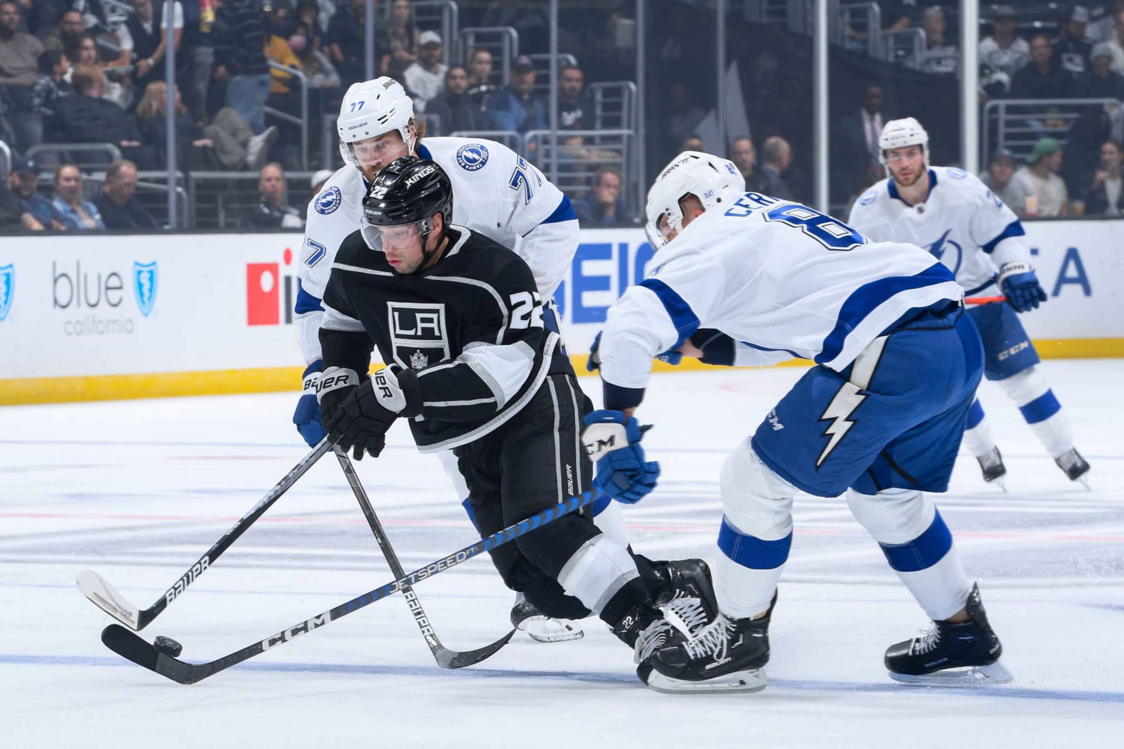 Tampa Bay Lightning defensemen Victor Hedman and Erik Cernak attempt to contain Los Angeles Kings winger Kevin Fiala. Tampa Bay Lightning defensemen Victor Hedman and Erik Cernak attempt to contain Los Angeles Kings winger Kevin Fiala.