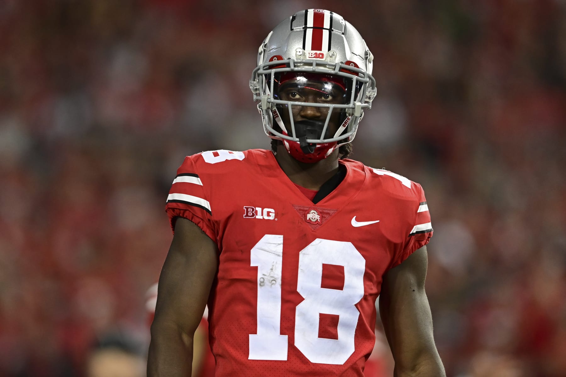 Ohio State wide receiver Marvin Harrison Jr. lines up during the third quarter of an NCAA college football game against the Notre Dame, Saturday, Sept. 3, 2022, in Columbus, Ohio. Ohio State won 21-10. (AP Photo/David Dermer)