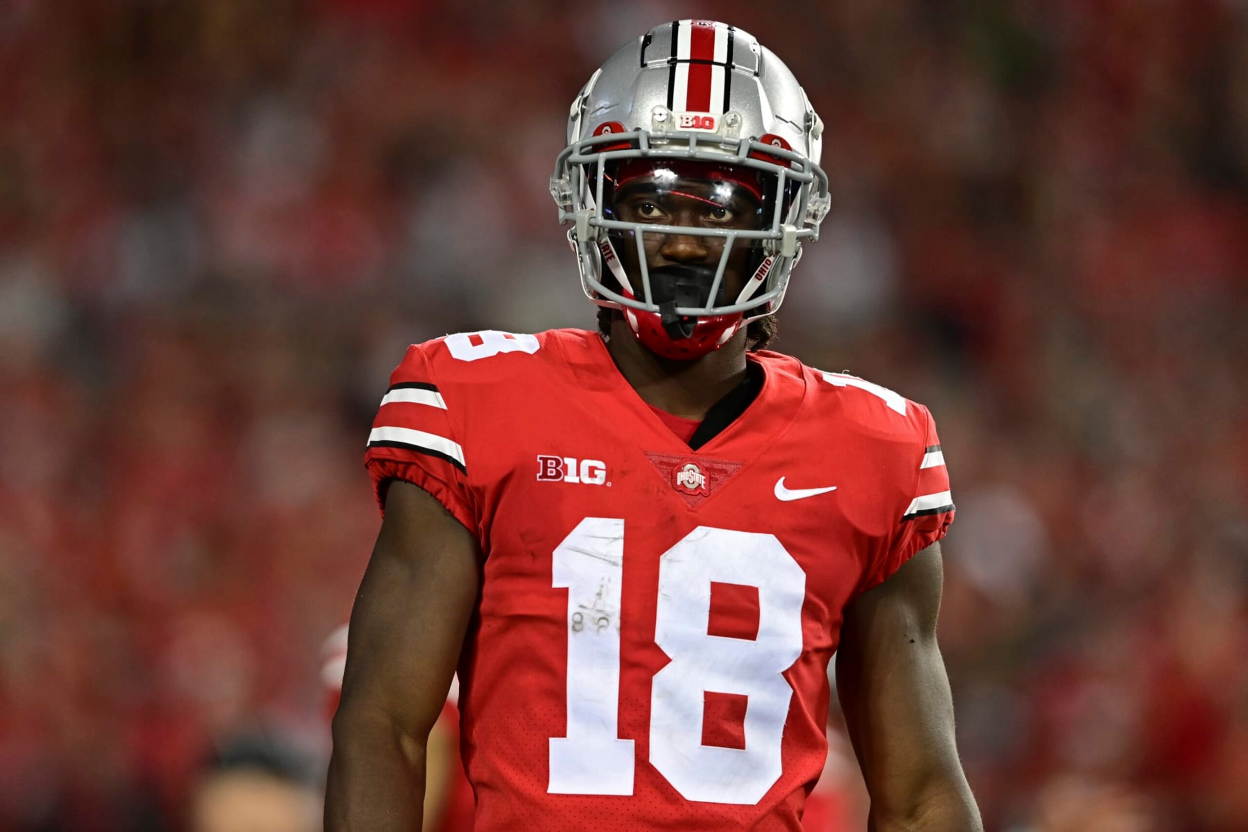 Ohio State wide receiver Marvin Harrison Jr. lines up during the third quarter of an NCAA college football game against the Notre Dame, Saturday, Sept. 3, 2022, in Columbus, Ohio. Ohio State won 21-10. (AP Photo/David Dermer)