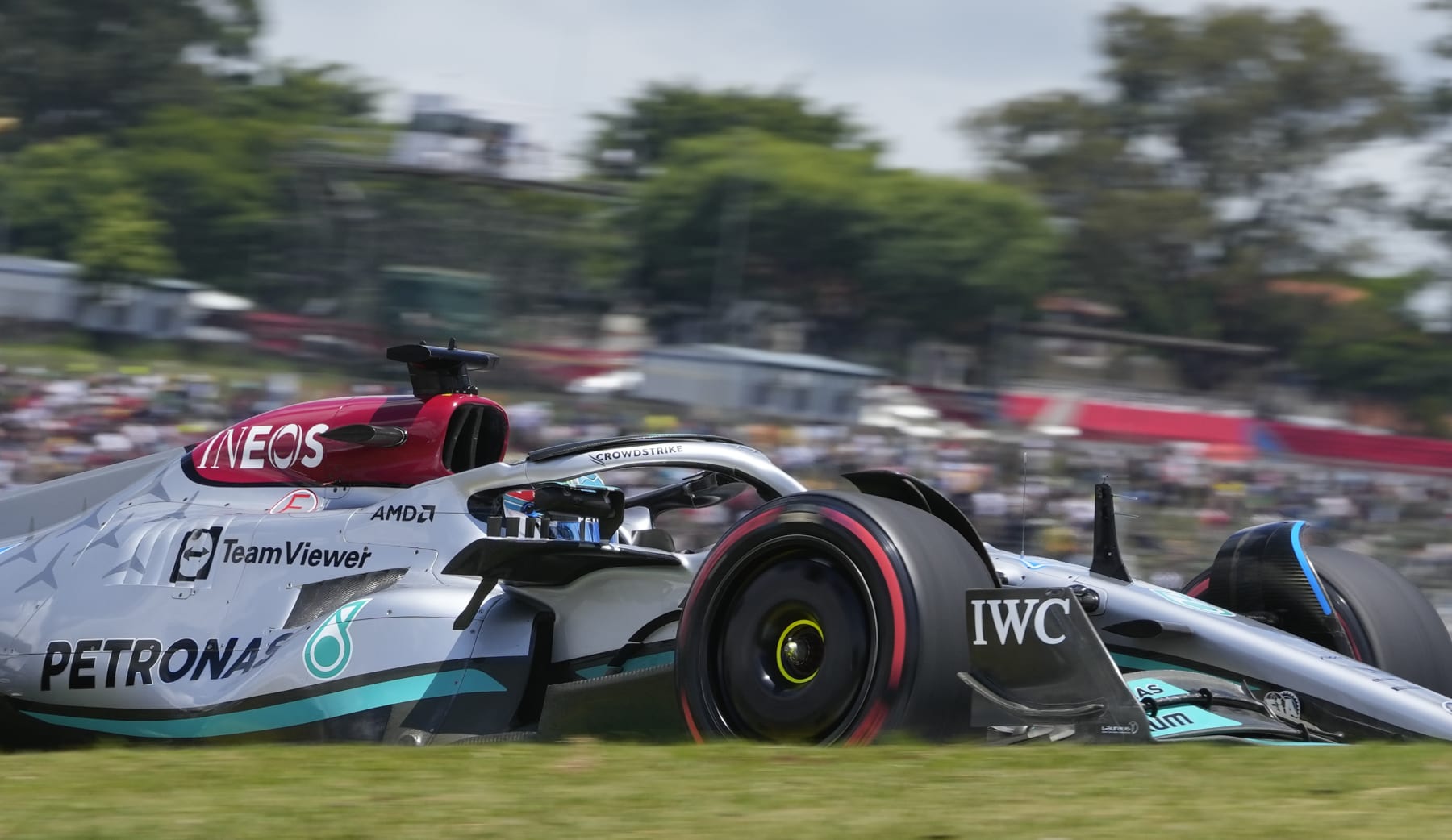 Mercedes driver George Russell, of Britain, steers his car during the second practice session at the Interlagos race track in Sao Paulo, Brazil, Saturday, Nov. 12, 2022. The Brazilian Formula One Grand Prix will take place on Sunday. (AP Photo/Andre Penner)