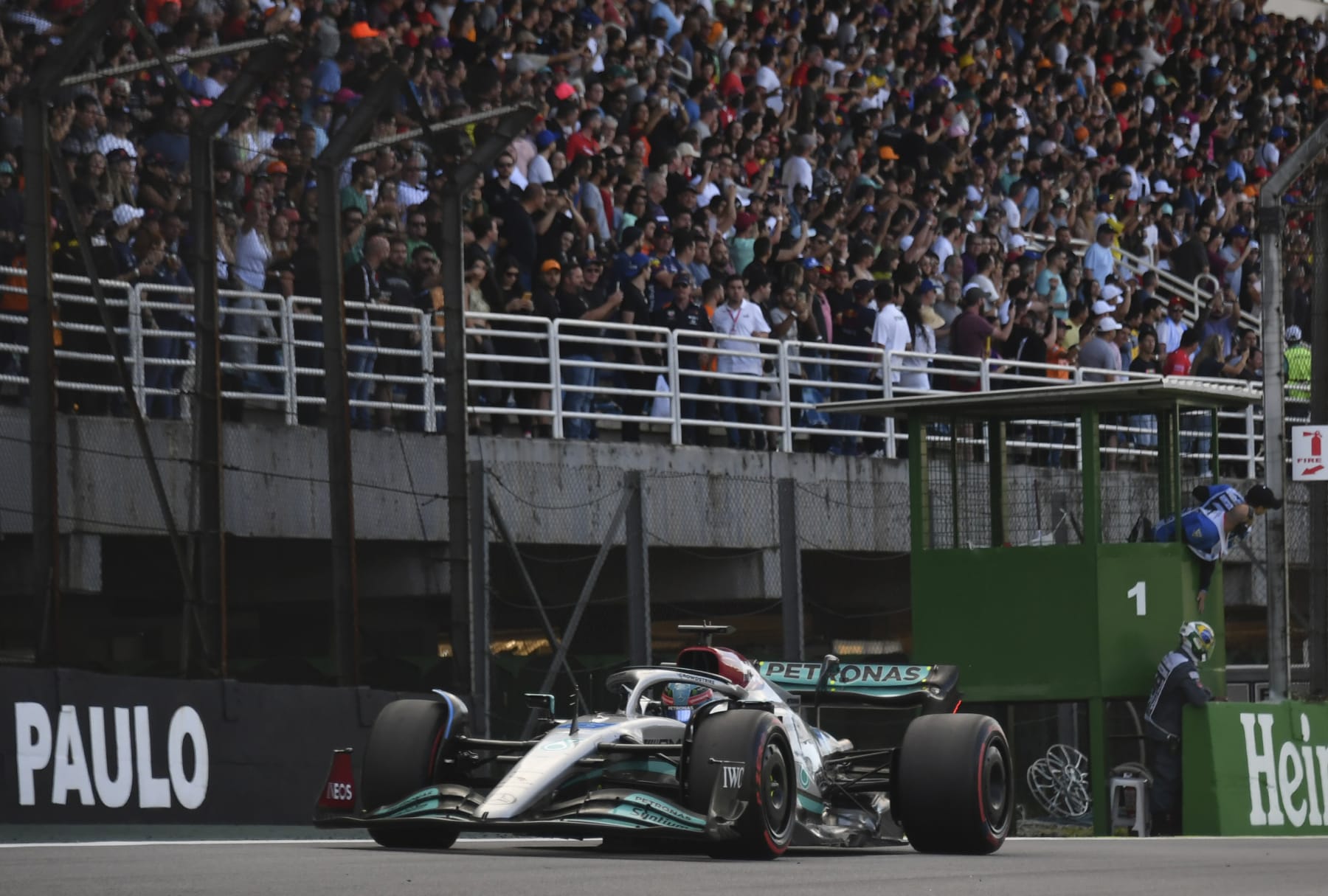 Mercedes driver George Russell, of Britain, steers his car during the Sprint Race qualifying session at the Interlagos racetrack in Sao Paulo, Brazil, Saturday, Nov.12, 2022. The Brazilian Formula One Grand Prix will take place on Sunday. (Nelson Almeida/Pool via AP)