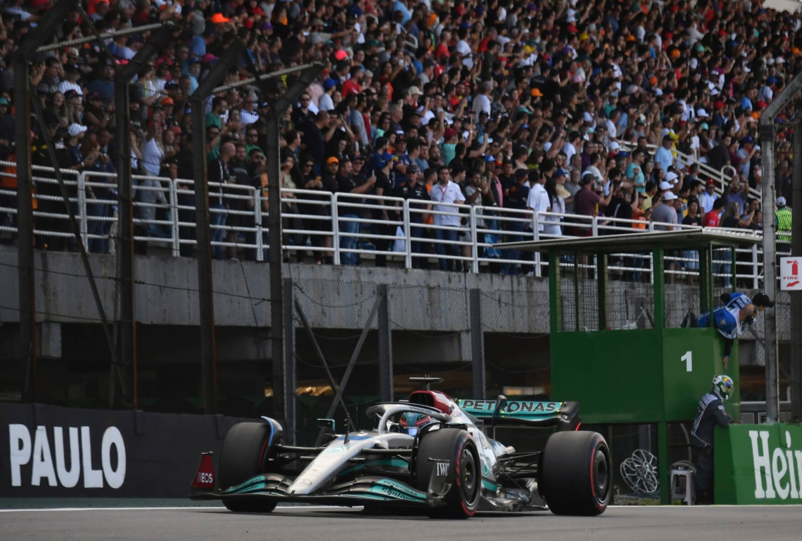 Mercedes driver George Russell, of Britain, steers his car during the Sprint Race qualifying session at the Interlagos racetrack in Sao Paulo, Brazil, Saturday, Nov.12, 2022. The Brazilian Formula One Grand Prix will take place on Sunday. (Nelson Almeida/Pool via AP) Mercedes driver George Russell, of Britain, steers his car during the Sprint Race qualifying session at the Interlagos racetrack in Sao Paulo, Brazil, Saturday, Nov.12, 2022. The Brazilian Formula One Grand Prix will take place on Sunday. (Nelson Almeida/Pool via AP)