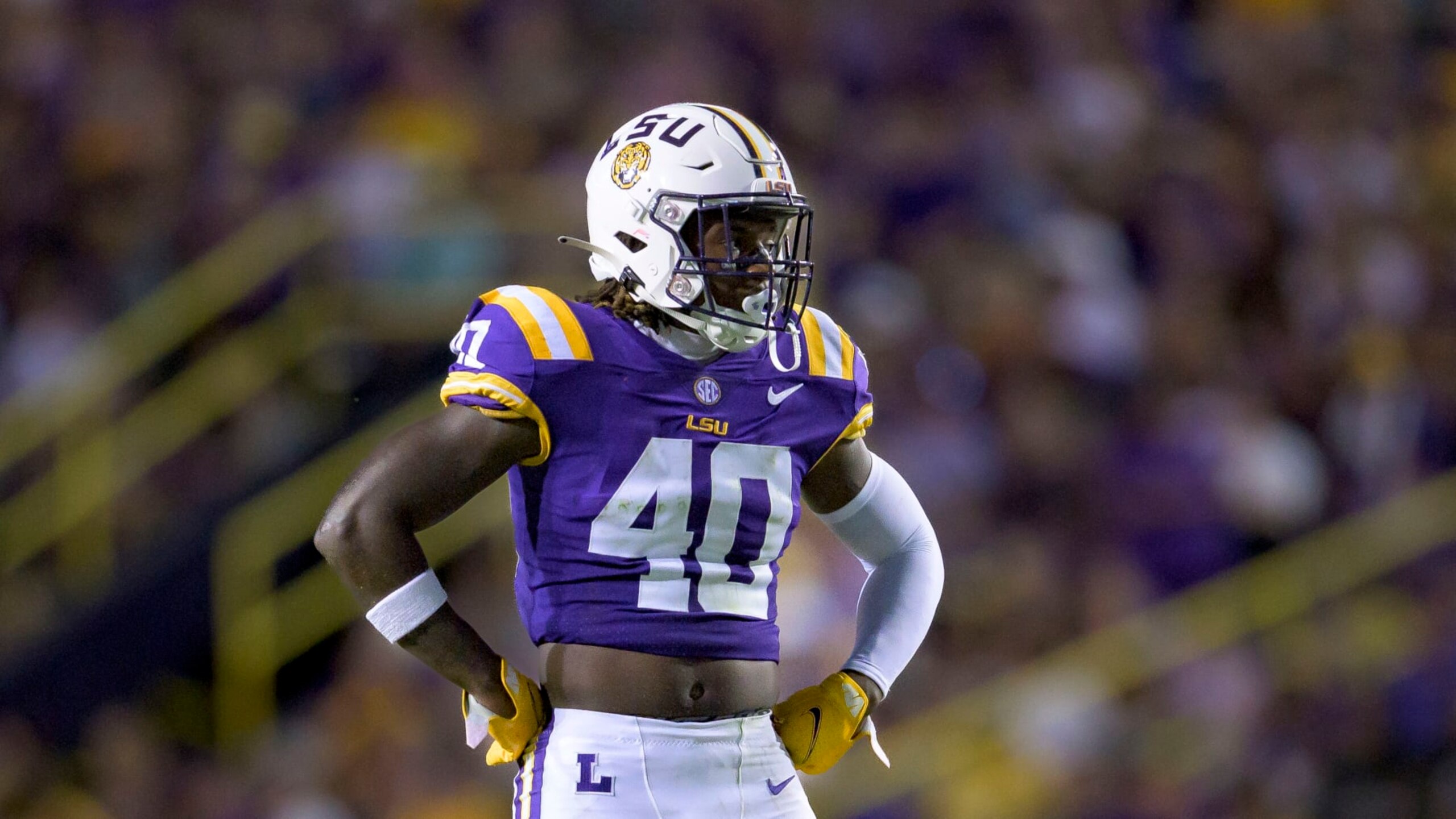 LSU linebacker Harold Perkins Jr. (40) lines up during an NCAA football game against New Mexico on Saturday, Sept. 24, 2022, in New Orleans. (AP Photo/Matthew Hinton) LSU linebacker Harold Perkins Jr. (40) lines up during an NCAA football game against New Mexico on Saturday, Sept. 24, 2022, in New Orleans. (AP Photo/Matthew Hinton)