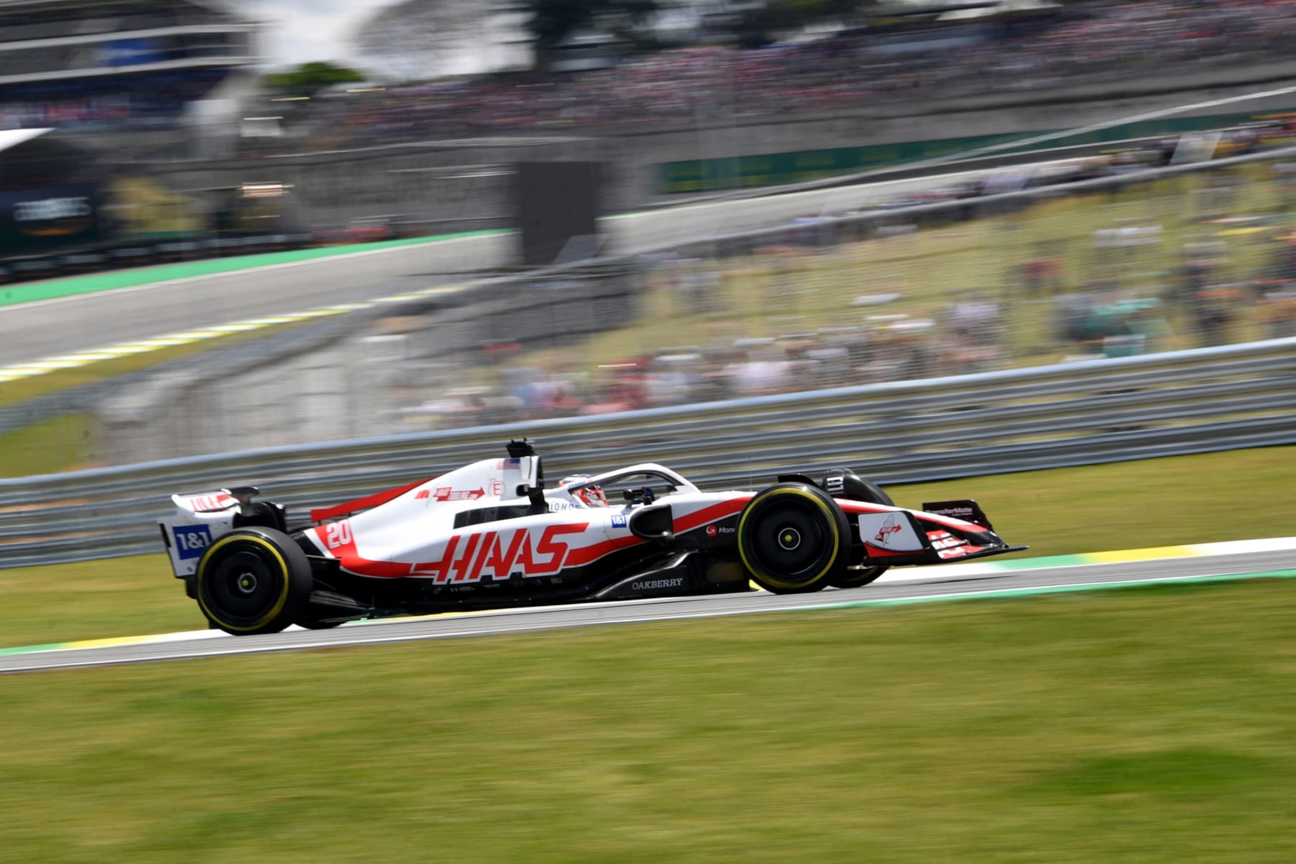 Haas F1 Team's Danish driver Kevin Magnussen races during the second practice session for the Formula One Brazil Grand Prix at the Autรณdromo Josรฉ Carlos Pace racetrack, also known as Interlagos, in Sao Paulo, Brazil, on November 12, 2022. (Photo by EVARISTO SA / AFP) (Photo by EVARISTO SA/AFP via Getty Images) Haas F1 Team's Danish driver Kevin Magnussen races during the second practice session for the Formula One Brazil Grand Prix at the Autรณdromo Josรฉ Carlos Pace racetrack, also known as Interlagos, in Sao Paulo, Brazil, on November 12, 2022. (Photo by EVARISTO SA / AFP) (Photo by EVARISTO SA/AFP via Getty Images)