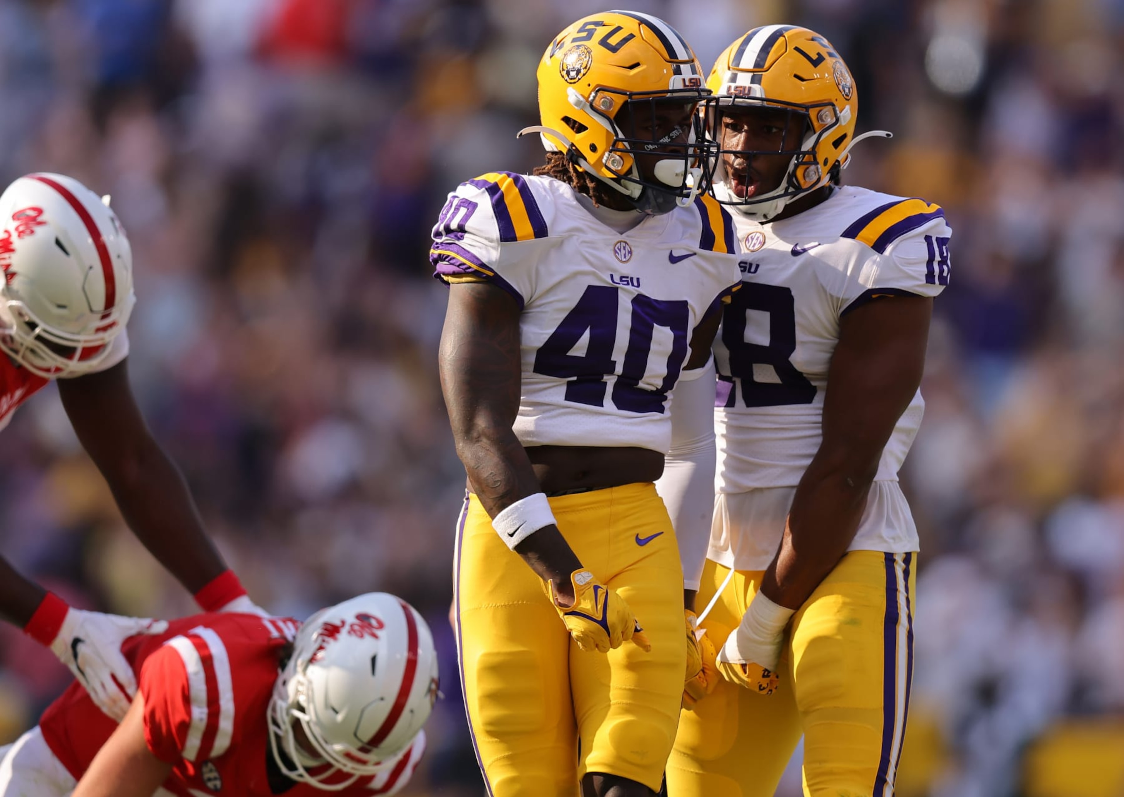 BATON ROUGE, LOUISIANA - OCTOBER 22: Harold Perkins Jr. #40 of the LSU Tigers celebrates a sack during the first half against the Mississippi Rebels at Tiger Stadium on October 22, 2022 in Baton Rouge, Louisiana. (Photo by Jonathan Bachman/Getty Images) BATON ROUGE, LOUISIANA - OCTOBER 22: Harold Perkins Jr. #40 of the LSU Tigers celebrates a sack during the first half against the Mississippi Rebels at Tiger Stadium on October 22, 2022 in Baton Rouge, Louisiana. (Photo by Jonathan Bachman/Getty Images)