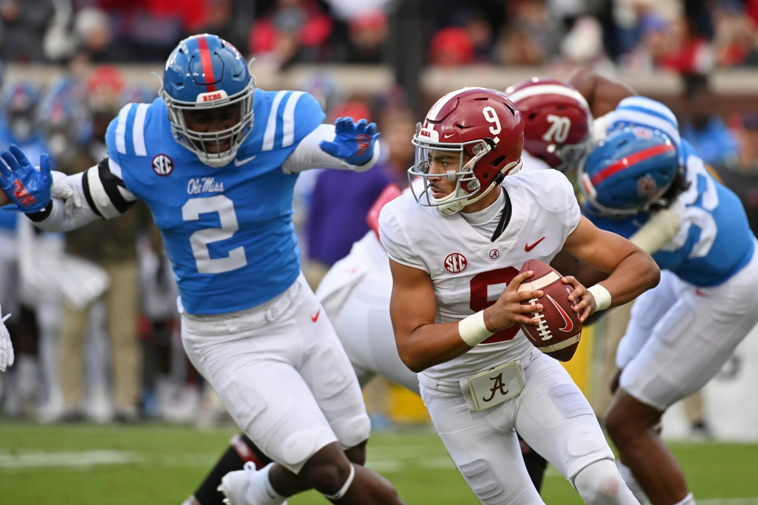 Alabama quarterback Bryce Young looks to pass during the first half of an NCAA college football game against Mississippi in Oxford, Miss., Saturday, Nov. 12, 2022. (AP Photo/Thomas Graning) Alabama quarterback Bryce Young looks to pass during the first half of an NCAA college football game against Mississippi in Oxford, Miss., Saturday, Nov. 12, 2022. (AP Photo/Thomas Graning)