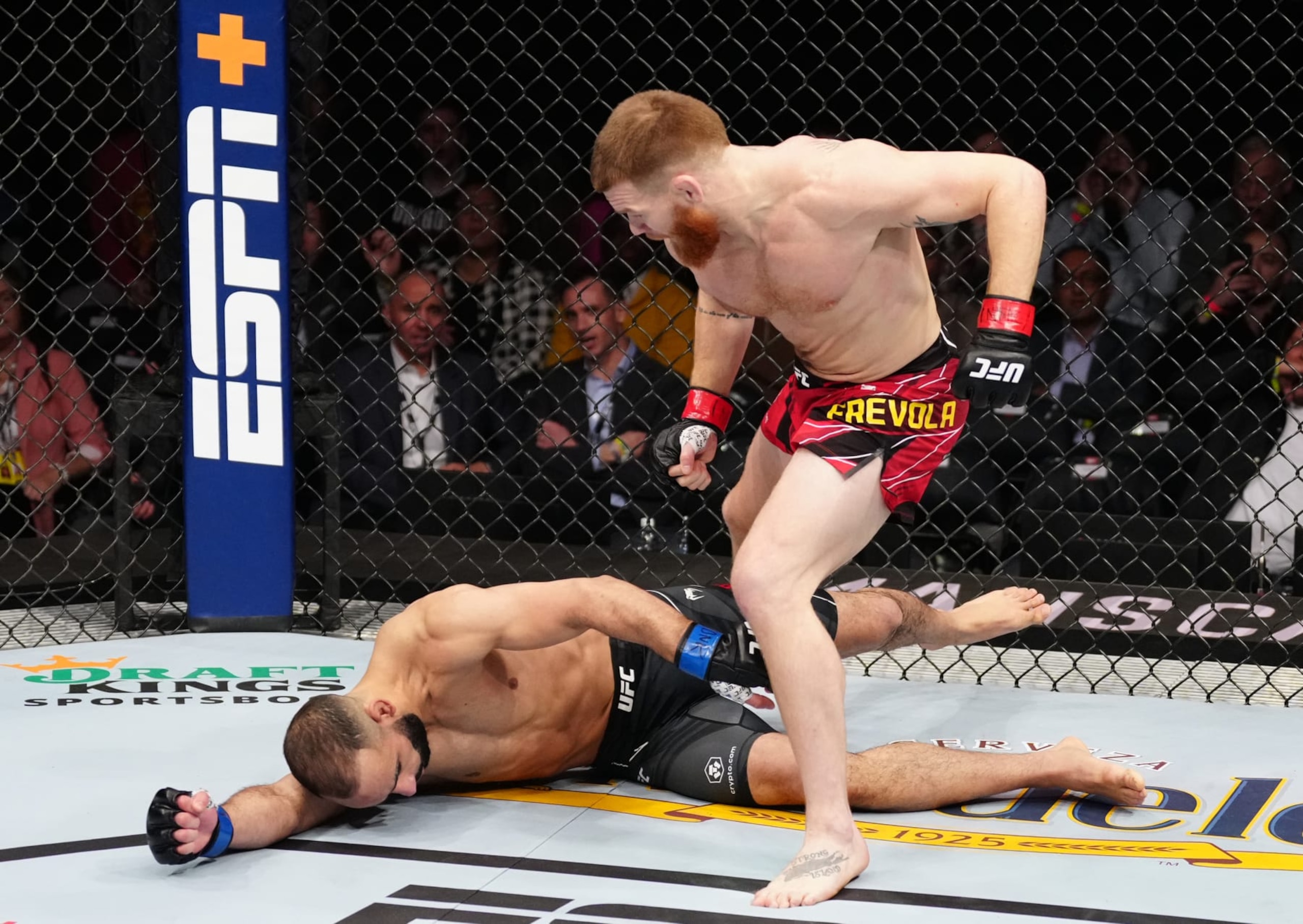 NEW YORK, NEW YORK - NOVEMBER 12: (R-L) Matt Frevola knocks out Ottman Azaitar of Morocco in a lightweight bout during the UFC 281 event at Madison Square Garden on November 12, 2022 in New York City. (Photo by Jeff Bottari/Zuffa LLC)