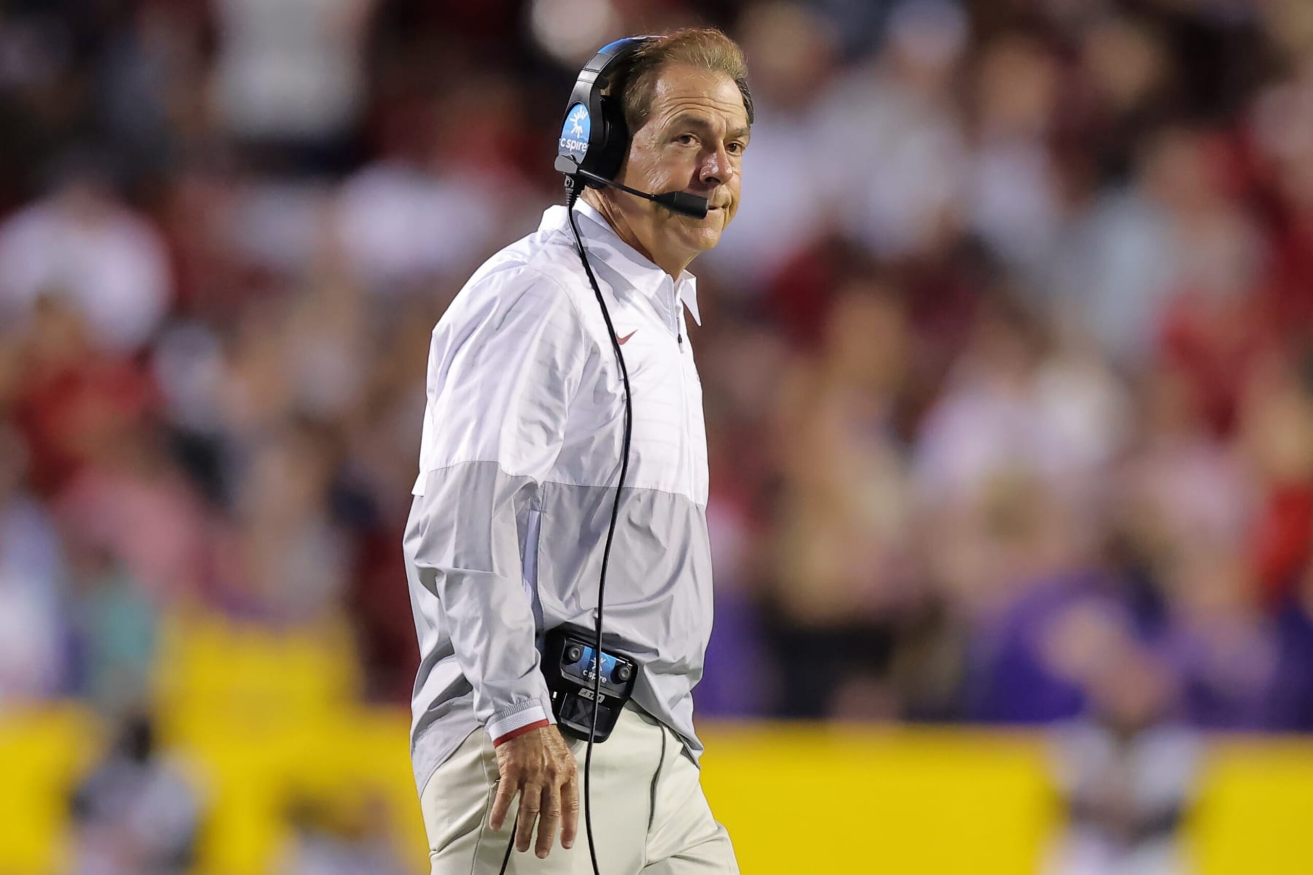 BATON ROUGE, LOUISIANA - NOVEMBER 05: Head coach Nick Saban of the Alabama Crimson Tide reacts during the first half against the LSU Tigers at Tiger Stadium on November 05, 2022 in Baton Rouge, Louisiana. (Photo by Jonathan Bachman/Getty Images)
