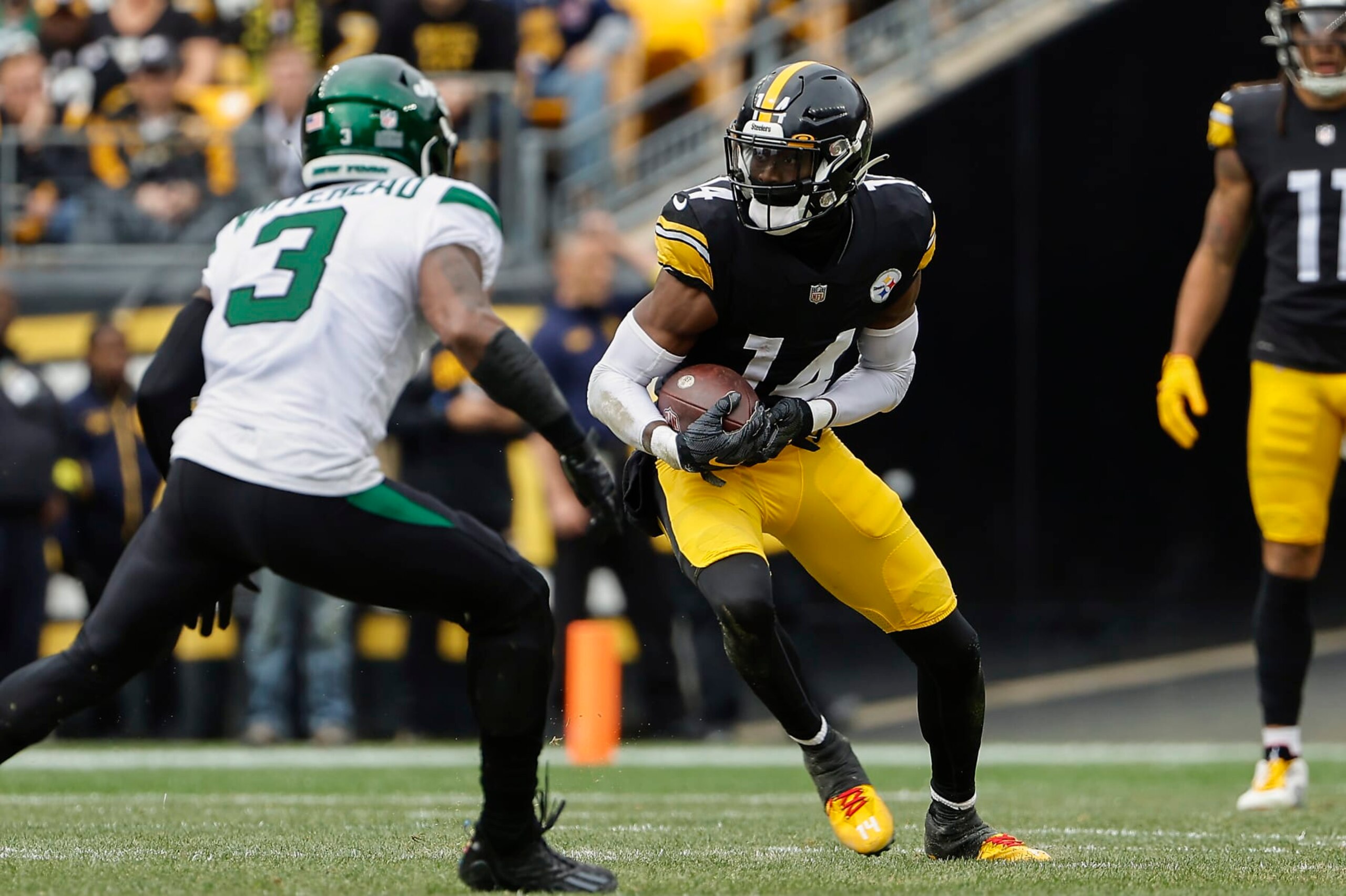Pittsburgh Steelers' George Pickens runs against the New York Jets during an NFL football game at Acrisure Stadium, Sunday, Oct. 2, 2022 in Pittsburgh, Penn. (Winslow Townson/AP Images for Panini)