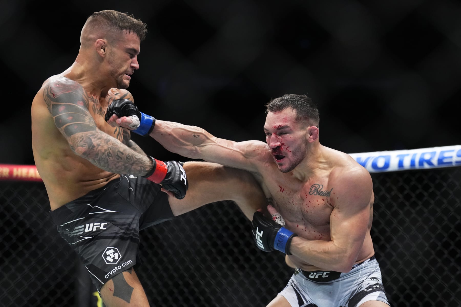 NEW YORK, NEW YORK - NOVEMBER 12: (R-L) Michael Chandler battles Dustin Poirier in a lightweight bout during the UFC 281 event at Madison Square Garden on November 12, 2022 in New York City. (Photo by Chris Unger/Zuffa LLC)