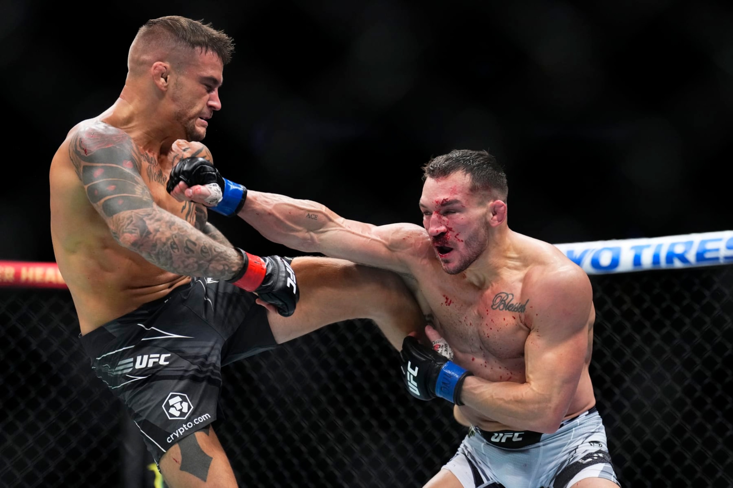 NEW YORK, NEW YORK - NOVEMBER 12: (R-L) Michael Chandler battles Dustin Poirier in a lightweight bout during the UFC 281 event at Madison Square Garden on November 12, 2022 in New York City. (Photo by Chris Unger/Zuffa LLC)