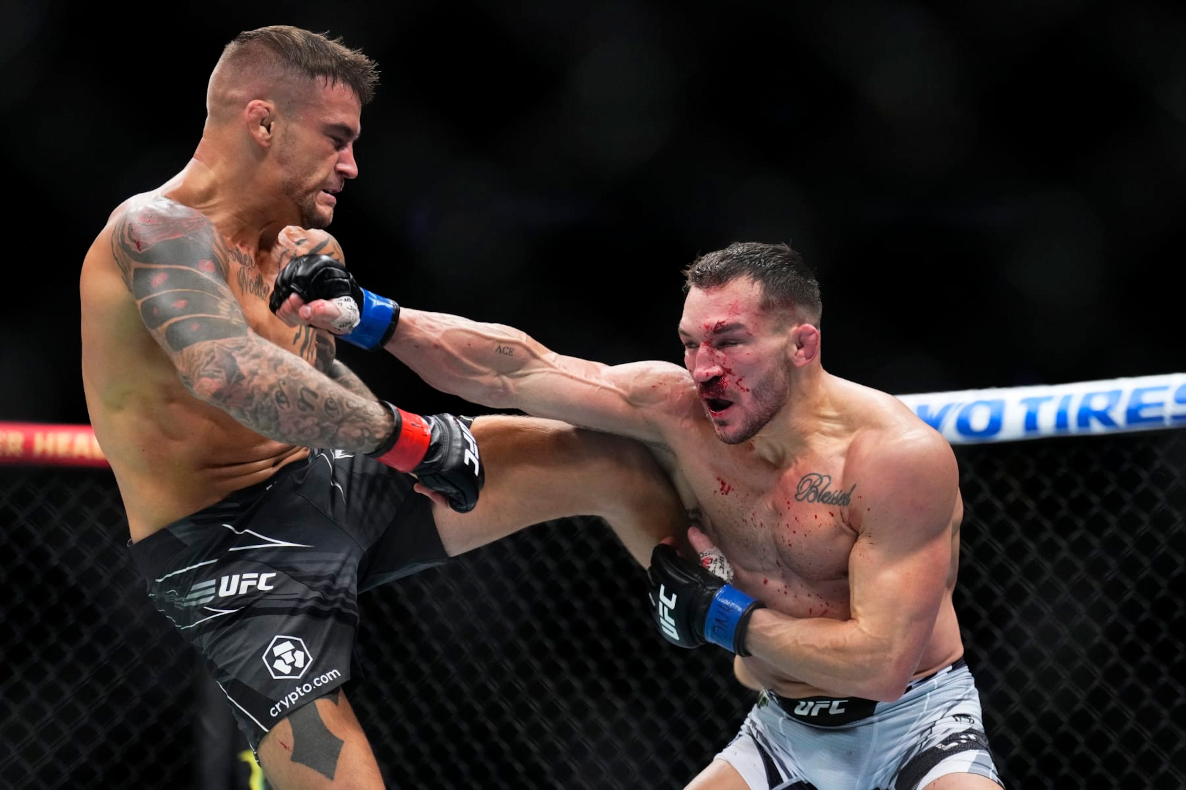 NEW YORK, NEW YORK - NOVEMBER 12: (R-L) Michael Chandler battles Dustin Poirier in a lightweight bout during the UFC 281 event at Madison Square Garden on November 12, 2022 in New York City. (Photo by Chris Unger/Zuffa LLC)