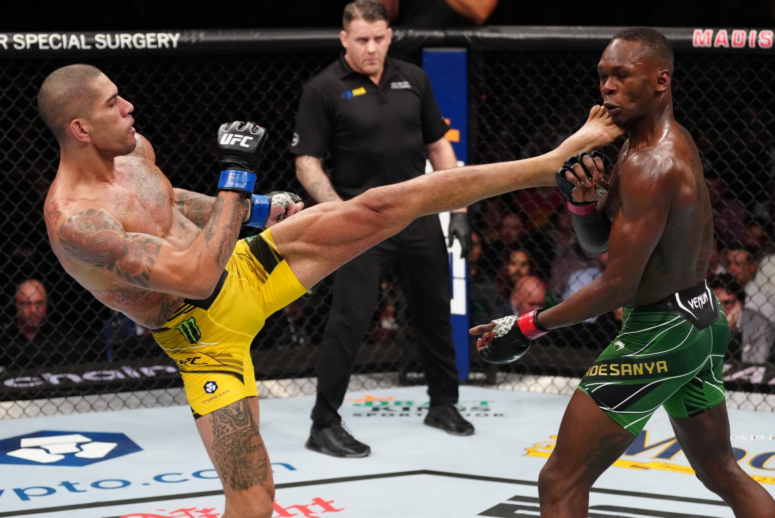 NEW YORK, NEW YORK - NOVEMBER 12: (L-R) Alex Pereira of Brazil kicks Israel Adesanya of Nigeria in the UFC middleweight championship bout during the UFC 281 event at Madison Square Garden on November 12, 2022 in New York City. (Photo by Jeff Bottari/Zuffa LLC)