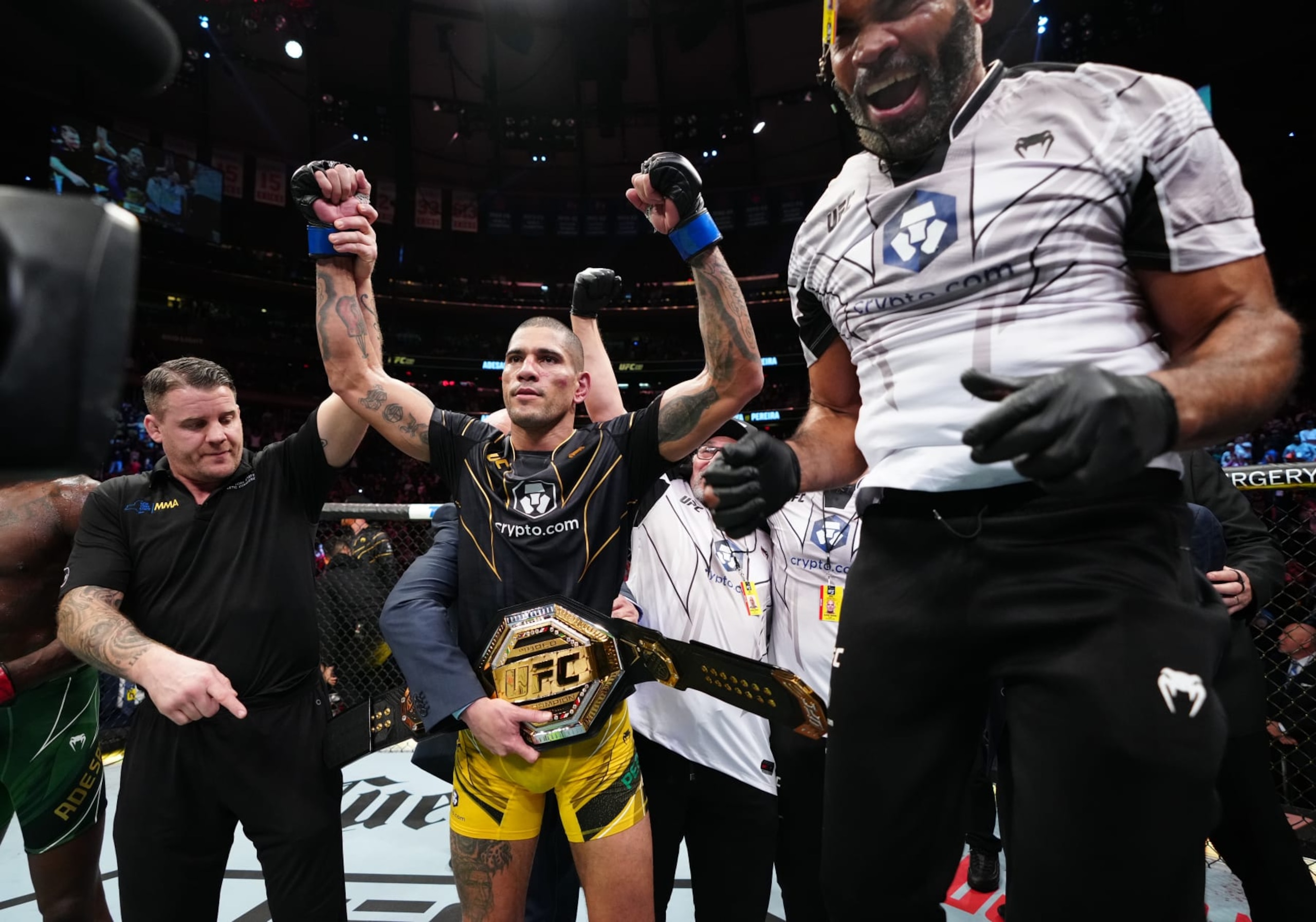 NEW YORK, NEW YORK - NOVEMBER 12: Alex Pereira of Brazil reacts after his TKO victory over Israel Adesanya of Nigeria in the UFC middleweight championship bout during the UFC 281 event at Madison Square Garden on November 12, 2022 in New York City. (Photo by Jeff Bottari/Zuffa LLC) NEW YORK, NEW YORK - NOVEMBER 12: Alex Pereira of Brazil reacts after his TKO victory over Israel Adesanya of Nigeria in the UFC middleweight championship bout during the UFC 281 event at Madison Square Garden on November 12, 2022 in New York City. (Photo by Jeff Bottari/Zuffa LLC)