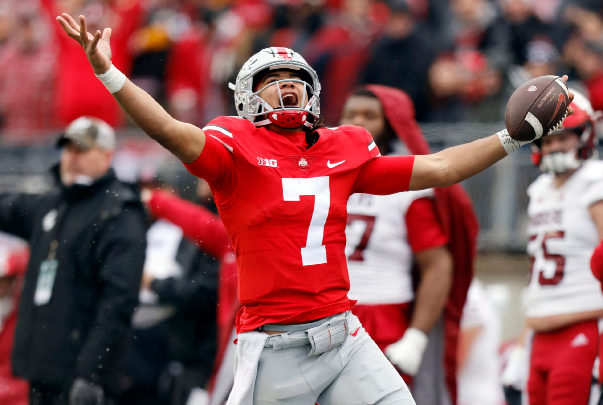 Ohio State quarterback C.J. Stroud celebrates after a long run against Indiana during the second half of an NCAA college football game Saturday, Nov. 12, 2022 in Columbus, Ohio. Ohio State won 56-14. (AP Photo/Paul Vernon)