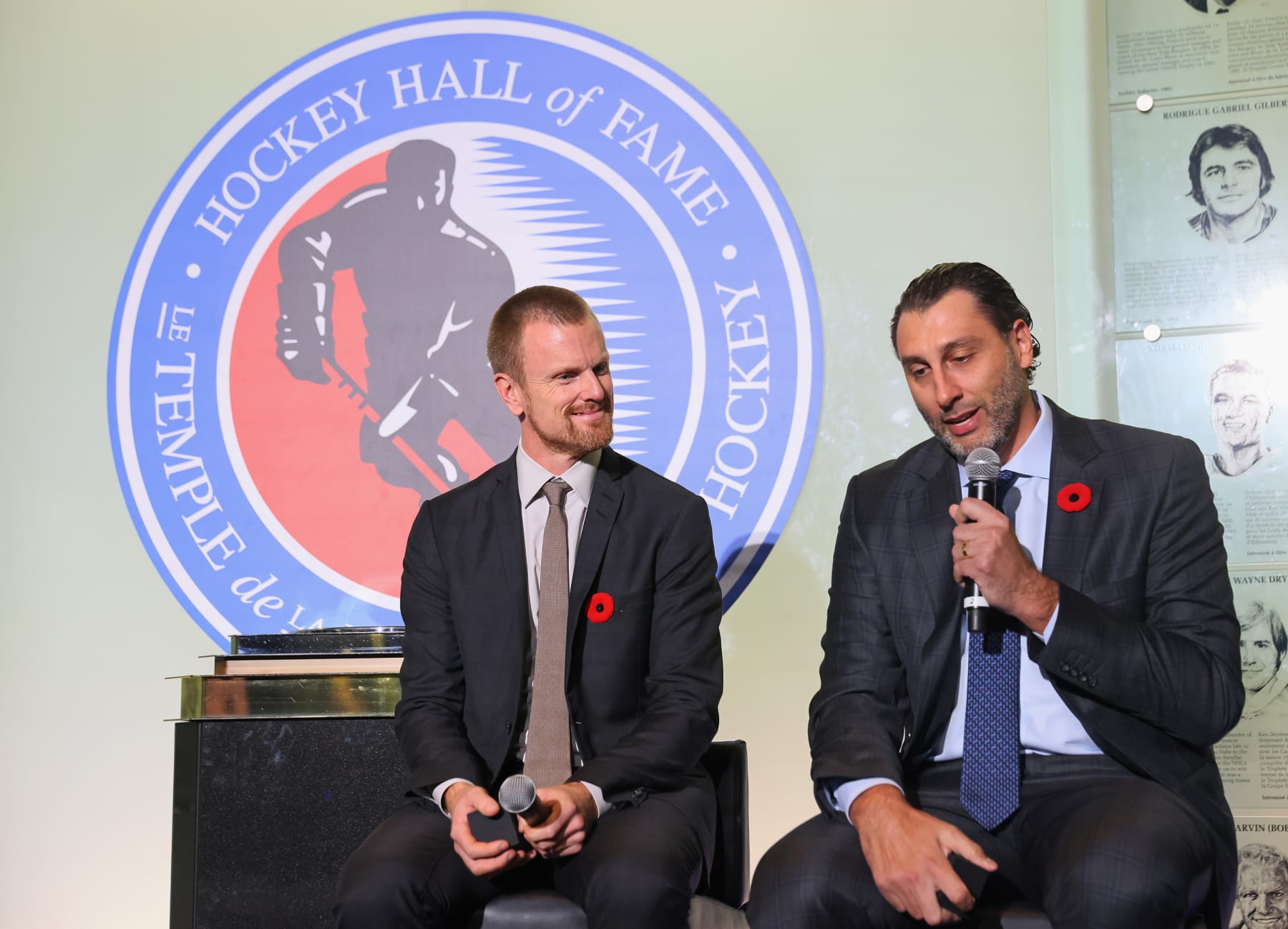 TORONTO, CANADA - NOVEMBER 11: (L-R) Daniel Sedin and Roberto Luongo attend a press opportunity for their Hall induction at the Hockey Hall Of Fame on November 11, 2022 in Toronto, Ontario, Canada. (Photo by Bruce Bennett/Getty Images)