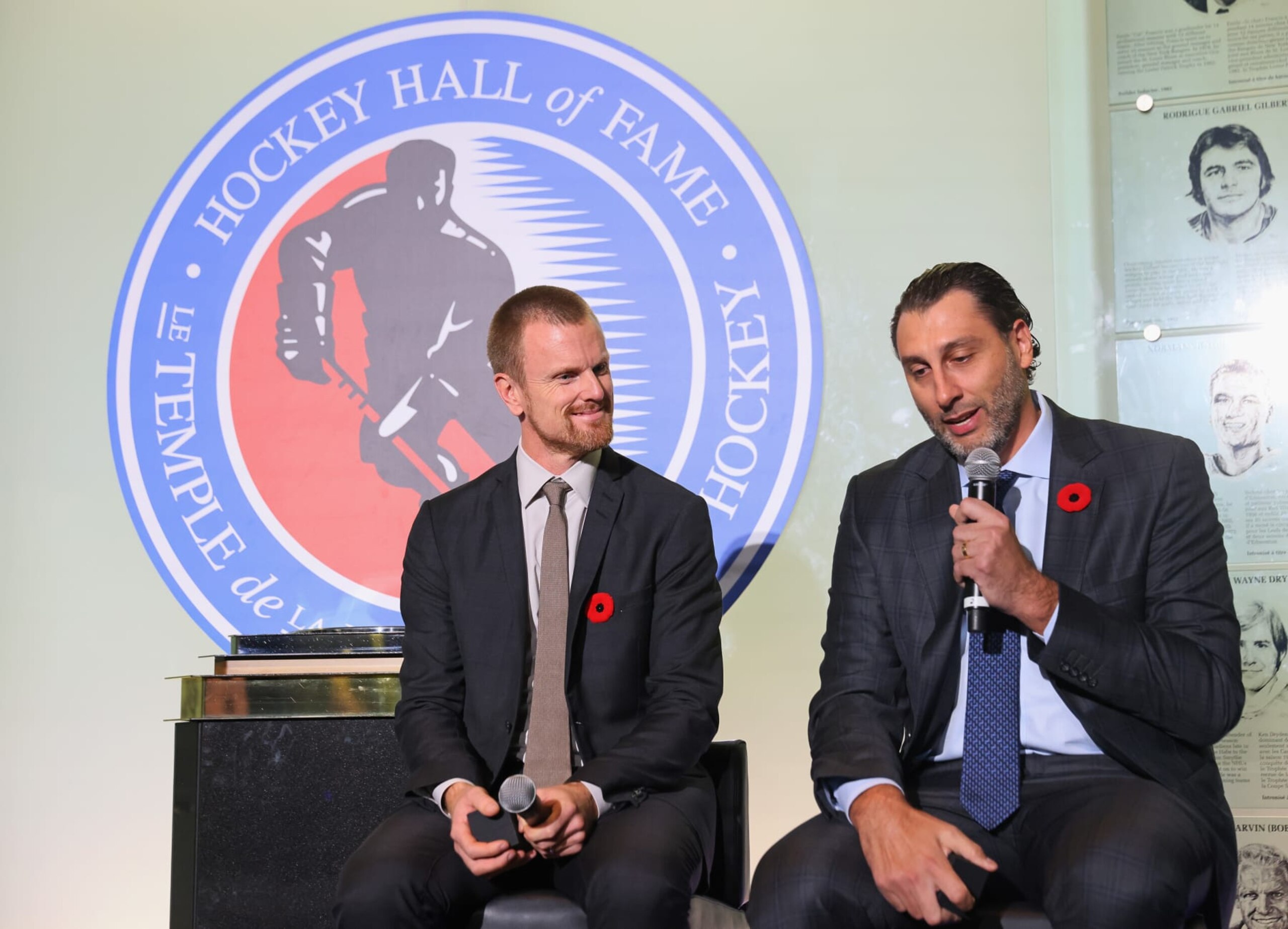 TORONTO, CANADA - NOVEMBER 11: (L-R) Daniel Sedin and Roberto Luongo attend a press opportunity for their Hall induction at the Hockey Hall Of Fame on November 11, 2022 in Toronto, Ontario, Canada. (Photo by Bruce Bennett/Getty Images) TORONTO, CANADA - NOVEMBER 11: (L-R) Daniel Sedin and Roberto Luongo attend a press opportunity for their Hall induction at the Hockey Hall Of Fame on November 11, 2022 in Toronto, Ontario, Canada. (Photo by Bruce Bennett/Getty Images)