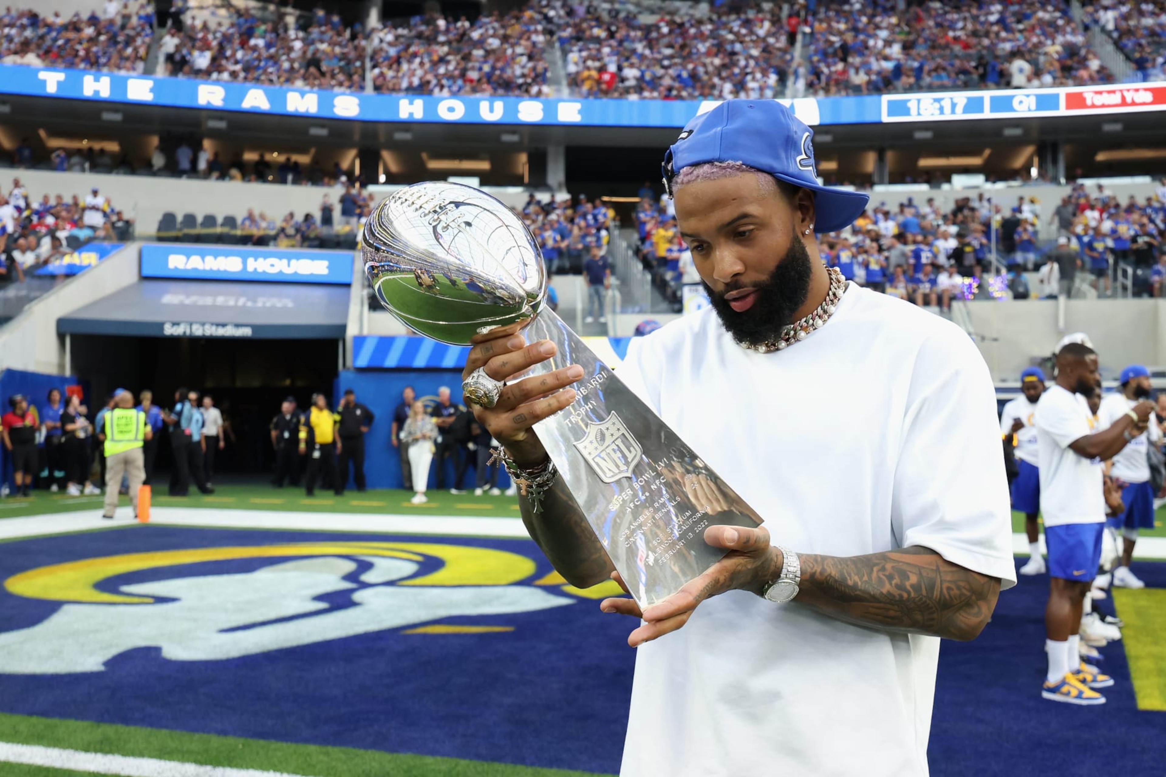 INGLEWOOD, CALIFORNIA - SEPTEMBER 08: Odell Beckham Jr. holds the Super Bowl LVI trophy before the NFL game between the Los Angeles Rams and the Buffalo Bills at SoFi Stadium on September 08, 2022 in Inglewood, California. (Photo by Harry How/Getty Images) INGLEWOOD, CALIFORNIA - SEPTEMBER 08: Odell Beckham Jr. holds the Super Bowl LVI trophy before the NFL game between the Los Angeles Rams and the Buffalo Bills at SoFi Stadium on September 08, 2022 in Inglewood, California. (Photo by Harry How/Getty Images)