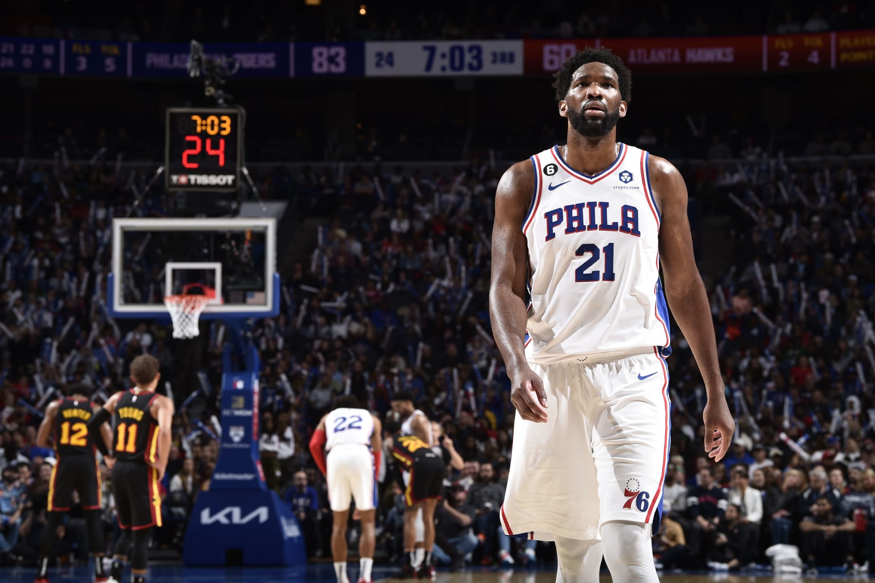 PHILADELPHIA, PA - NOVEMBER 12: Joel Embiid #21 of the Philadelphia 76ers looks on during the game against the Atlanta Hawks on November 12, 2022 at the Wells Fargo Center in Philadelphia, Pennsylvania NOTE TO USER: User expressly acknowledges and agrees that, by downloading and/or using this Photograph, user is consenting to the terms and conditions of the Getty Images License Agreement. Mandatory Copyright Notice: Copyright 2022 NBAE (Photo by David Dow/NBAE via Getty Images)