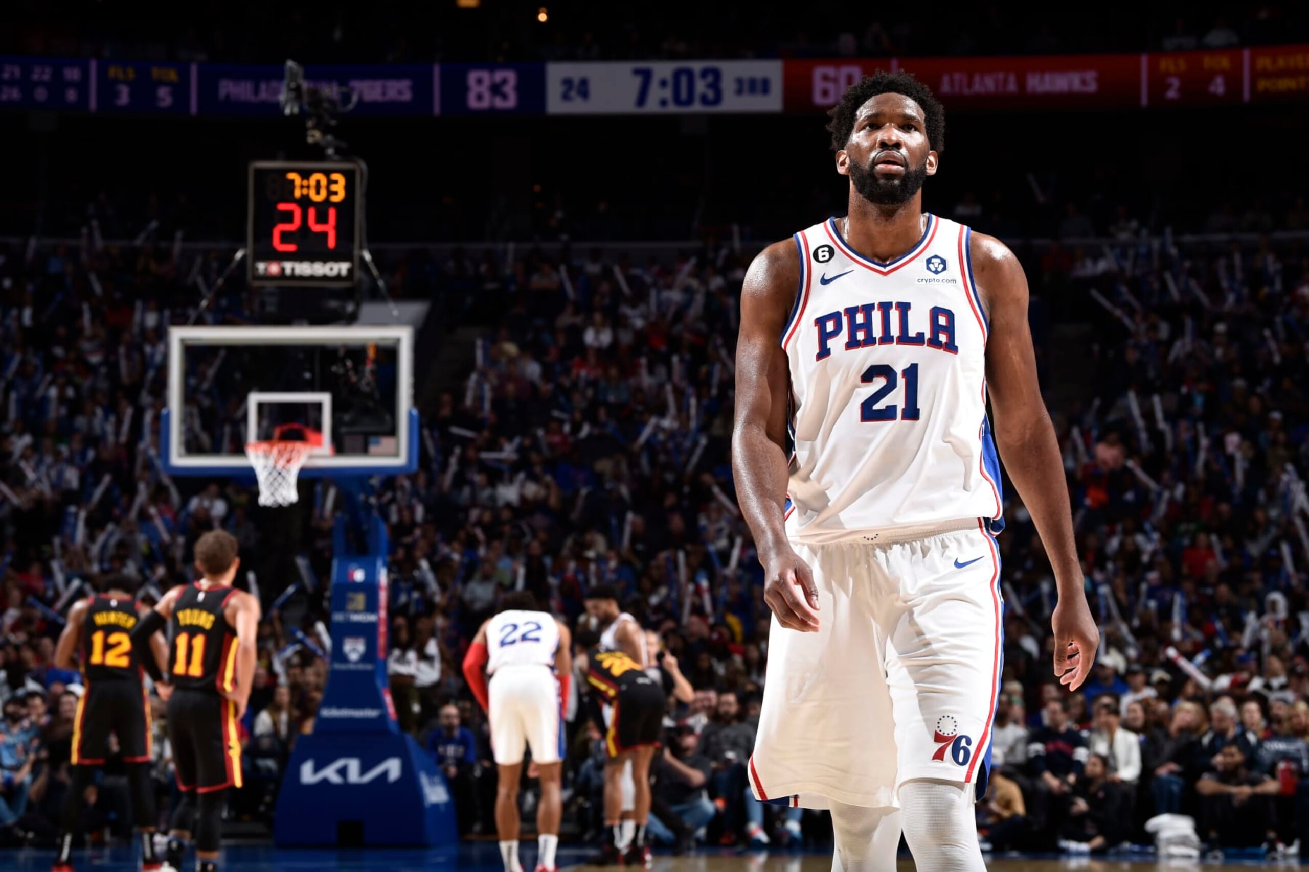 PHILADELPHIA, PA - NOVEMBER 12: Joel Embiid #21 of the Philadelphia 76ers looks on during the game against the Atlanta Hawks on November 12, 2022 at the Wells Fargo Center in Philadelphia, Pennsylvania NOTE TO USER: User expressly acknowledges and agrees that, by downloading and/or using this Photograph, user is consenting to the terms and conditions of the Getty Images License Agreement. Mandatory Copyright Notice: Copyright 2022 NBAE (Photo by David Dow/NBAE via Getty Images) PHILADELPHIA, PA - NOVEMBER 12: Joel Embiid #21 of the Philadelphia 76ers looks on during the game against the Atlanta Hawks on November 12, 2022 at the Wells Fargo Center in Philadelphia, Pennsylvania NOTE TO USER: User expressly acknowledges and agrees that, by downloading and/or using this Photograph, user is consenting to the terms and conditions of the Getty Images License Agreement. Mandatory Copyright Notice: Copyright 2022 NBAE (Photo by David Dow/NBAE via Getty Images)