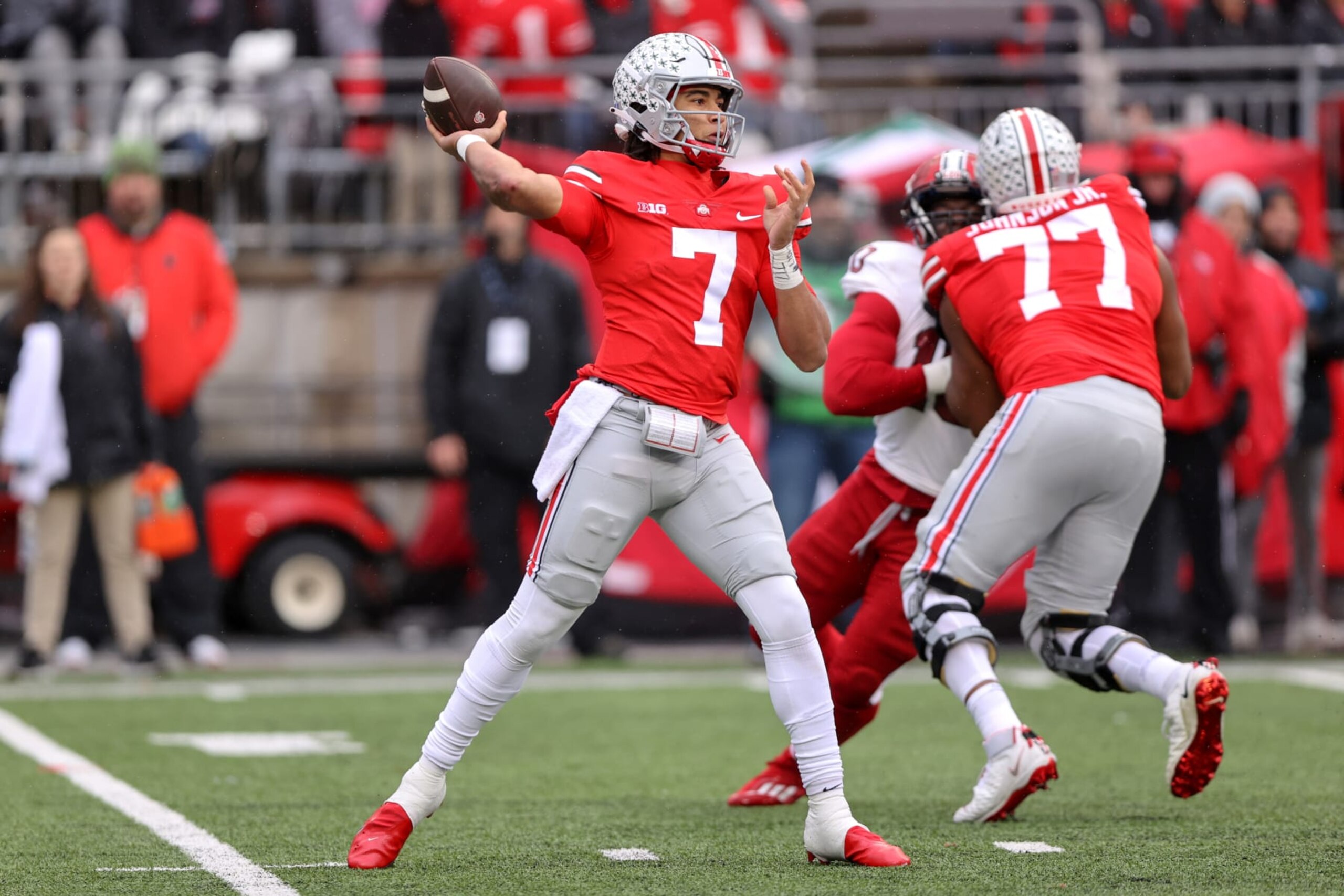 COLUMBUS, OH - NOVEMBER 12: Ohio State Buckeyes quarterback C.J. Stroud (7) throws a pass during the second quarter of the college football game between the Indiana Hoosiers and Ohio State Buckeyes on November 12, 2022, at Ohio Stadium in Columbus, OH. (Photo by Frank Jansky/Icon Sportswire via Getty Images)