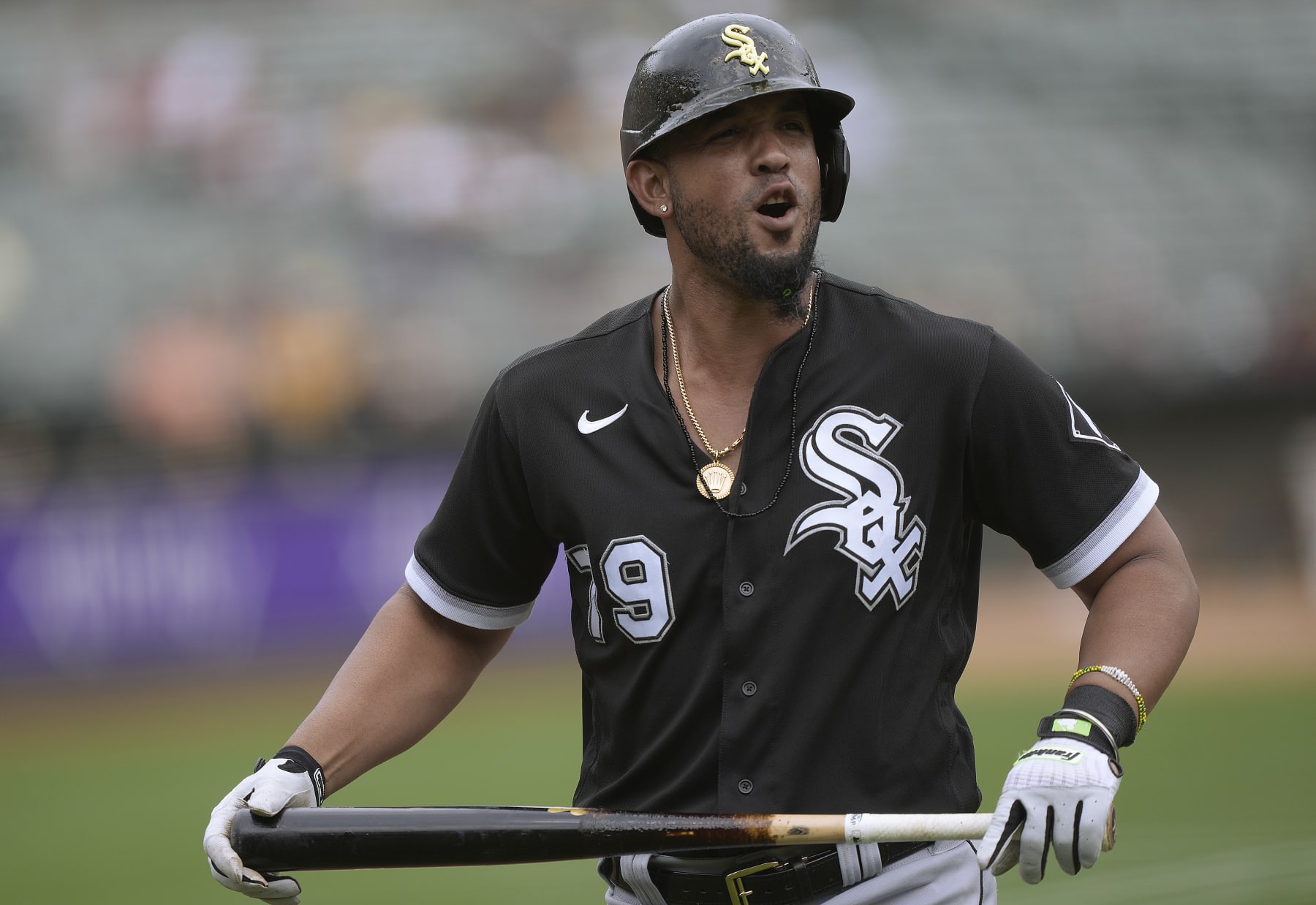 OAKLAND, CALIFORNIA - SEPTEMBER 10: Jose Abreu #79 of the Chicago White Sox reacts after fouling a pitch off his foot against the Oakland Athletics in the top of the first inning at RingCentral Coliseum on September 10, 2022 in Oakland, California. (Photo by Thearon W. Henderson/Getty Images)