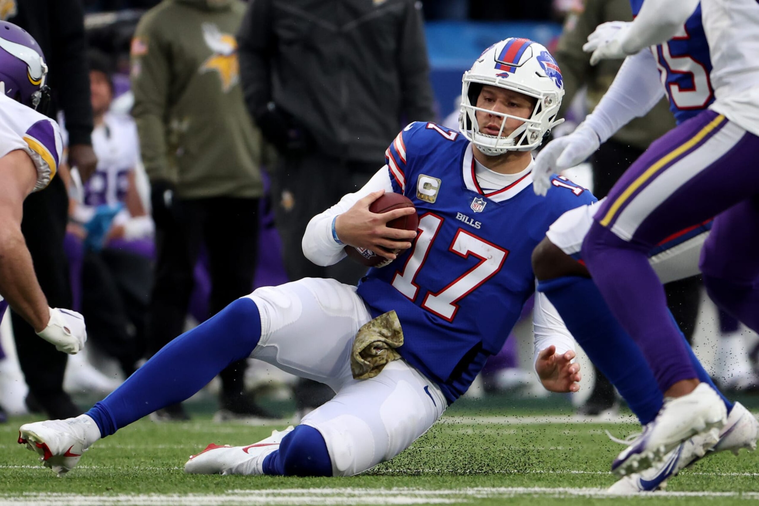 ORCHARD PARK, NEW YORK - NOVEMBER 13: Josh Allen #17 of the Buffalo Bills slides during the second quarter against the Minnesota Vikings at Highmark Stadium on November 13, 2022 in Orchard Park, New York. (Photo by Timothy T Ludwig/Getty Images)