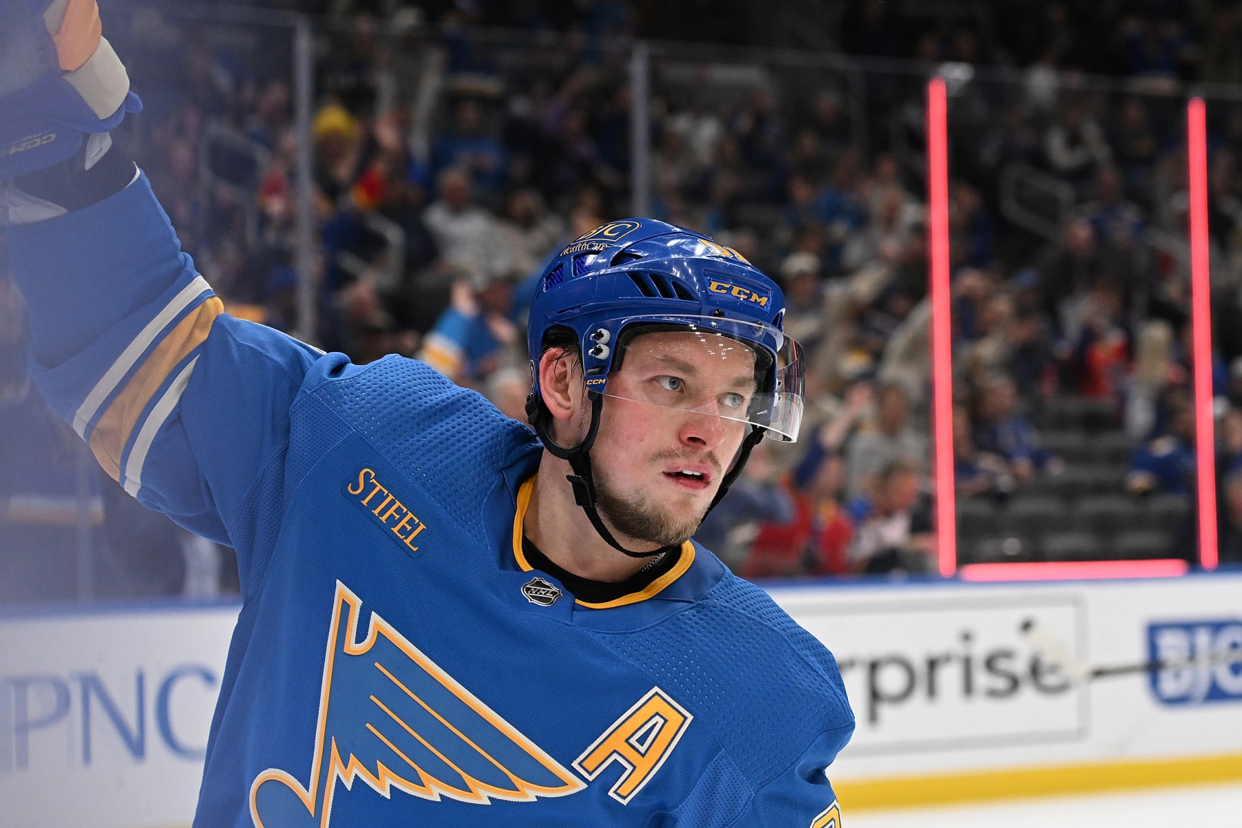 ST. LOUIS, MO - OCTOBER 15: Vladimir Tarasenko #91 of the St. Louis Blues reacts after scoring a goal against the Columbus Blue Jackets at the Enterprise Center on October 15, 2022 in St. Louis, Missouri. (Photo by Joe Puetz/NHLI via Getty Images)