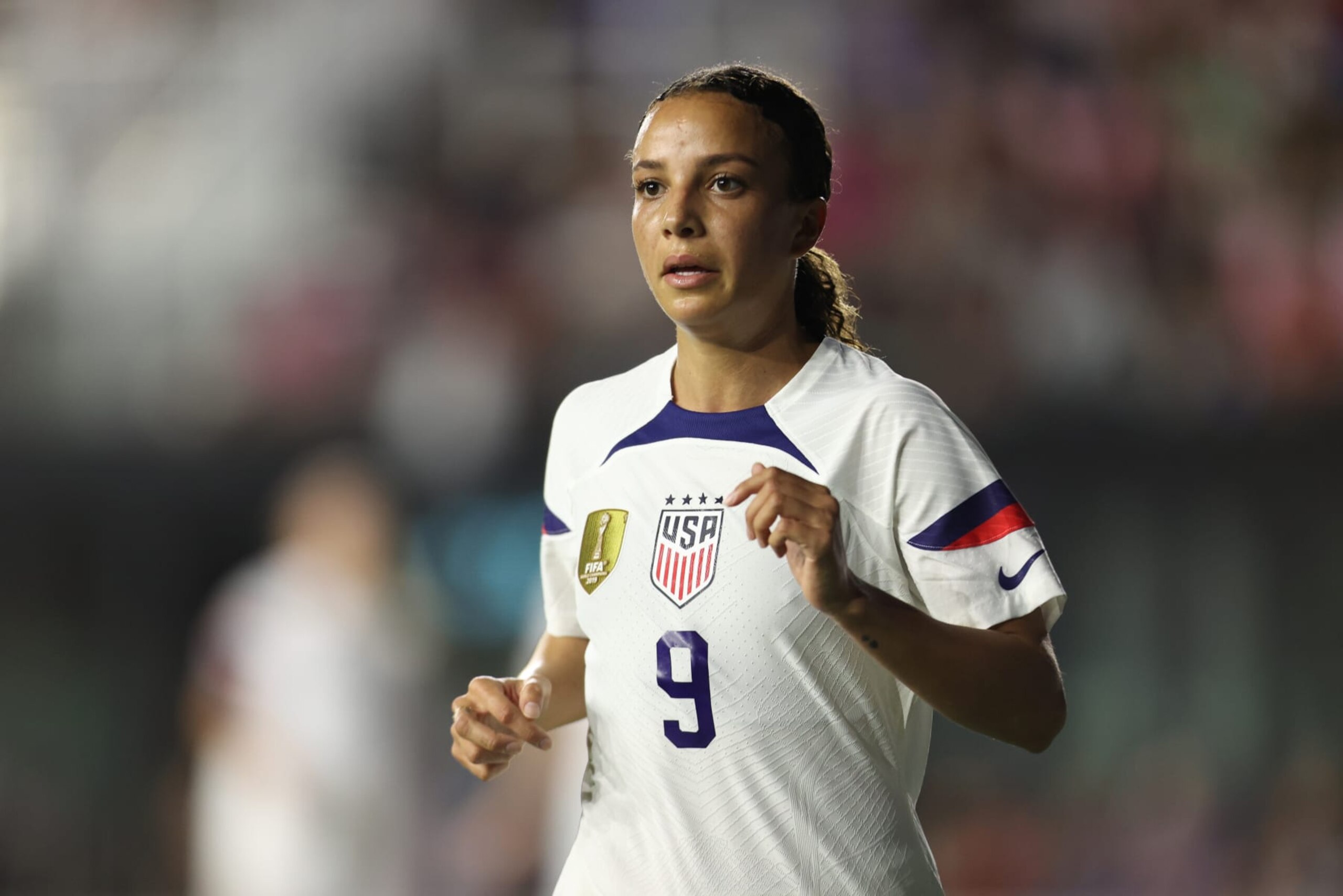 FORT LAUDERDALE, FL - NOVEMBER 10: Mallory Pugh #9 of United States looks on during the women's international friendly match between United States and Germany at DRV PNK Stadium on November 10, 2022 in Fort Lauderdale, Florida. (Photo by Omar Vega/Getty Images)