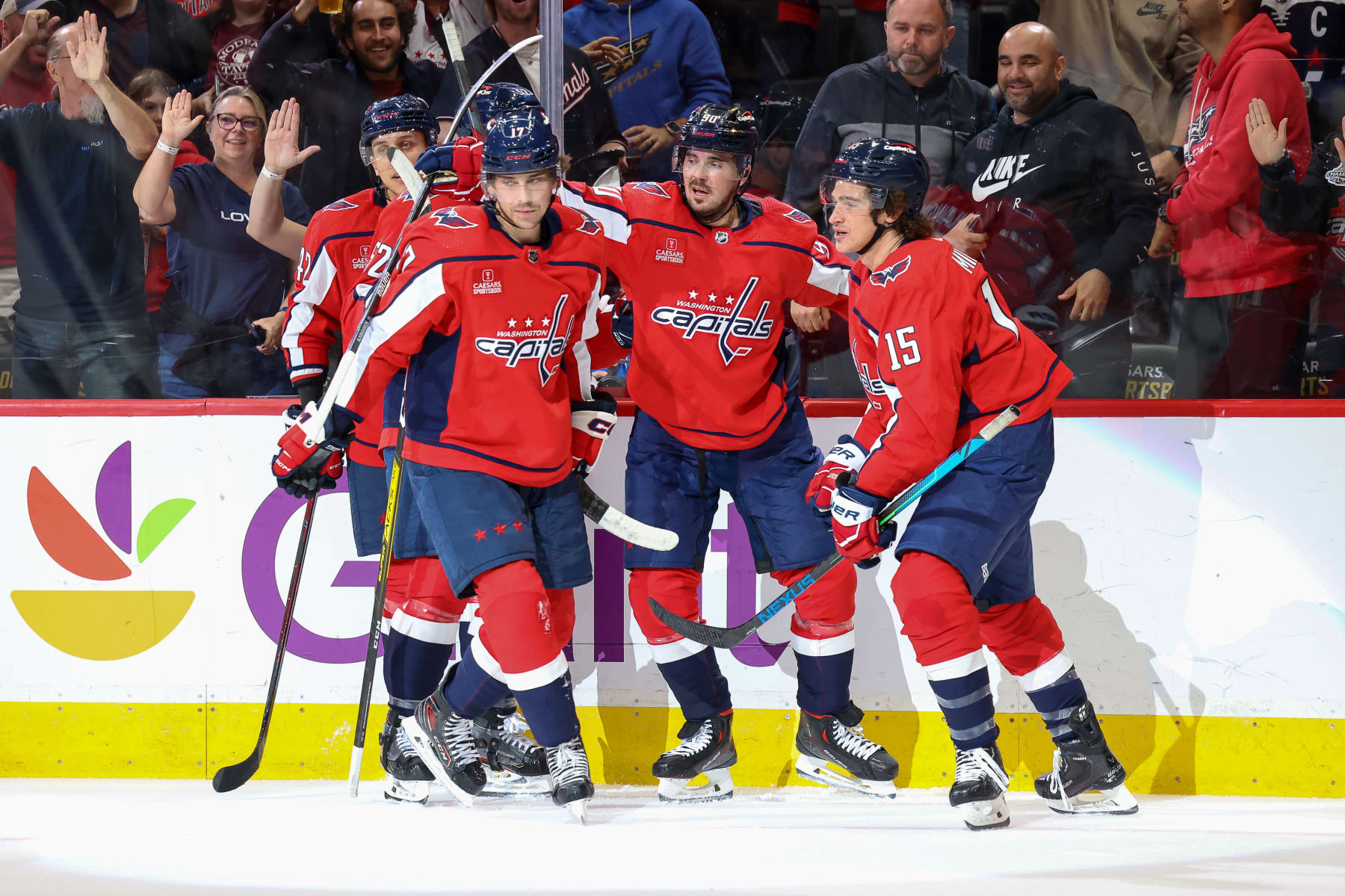 WASHINGTON, DC - NOVEMBER 7: Dylan Strome #17 of the Washington Capitals celebrates a goal with Marcus Johansson #90, Martin Fehervary #4 and Sonny Milano #15 during a game against the Edmonton Oilers at Capital One Arena on November 7, 2022 in Washington, D.C. (Photo by John McCreary/NHLI via Getty Images)